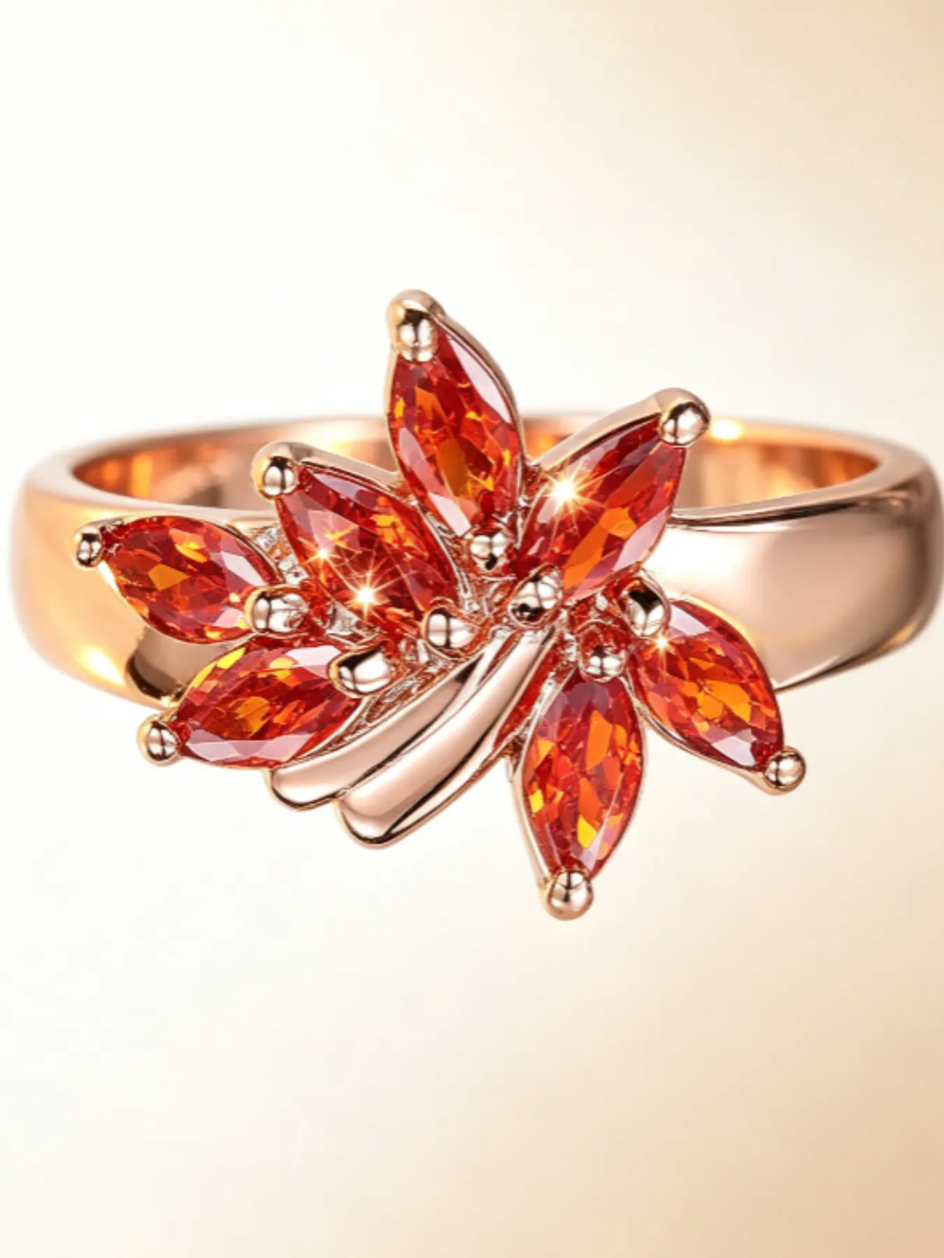 Courtly Style Shiny Garnet Synthetic Diamond Leaf Wide Ring, Perfect for Engagement, Wedding, Anniversary, Graduation, Daily Wear