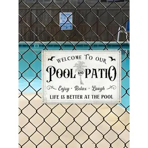 8×12 Inch "Welcome to Our Pool and Patio" Vintage Metal Sign, Rustic Poolside Decor with Palm Tree Design perfect high-quality aluminum wall gift room decoration humorous quote inspirational poster