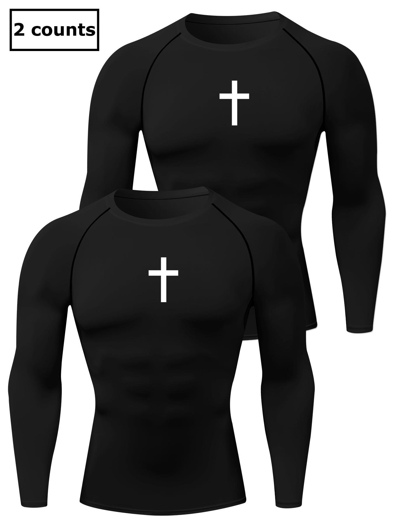 Men's Cross Print Round Neck Sports Tee, Tight Sporty Quick Drying Breathable Long Sleeve T-shirt, Men's Sportswear for Spring & Fall Gym Workout, Athletic Style High Performance Activewear