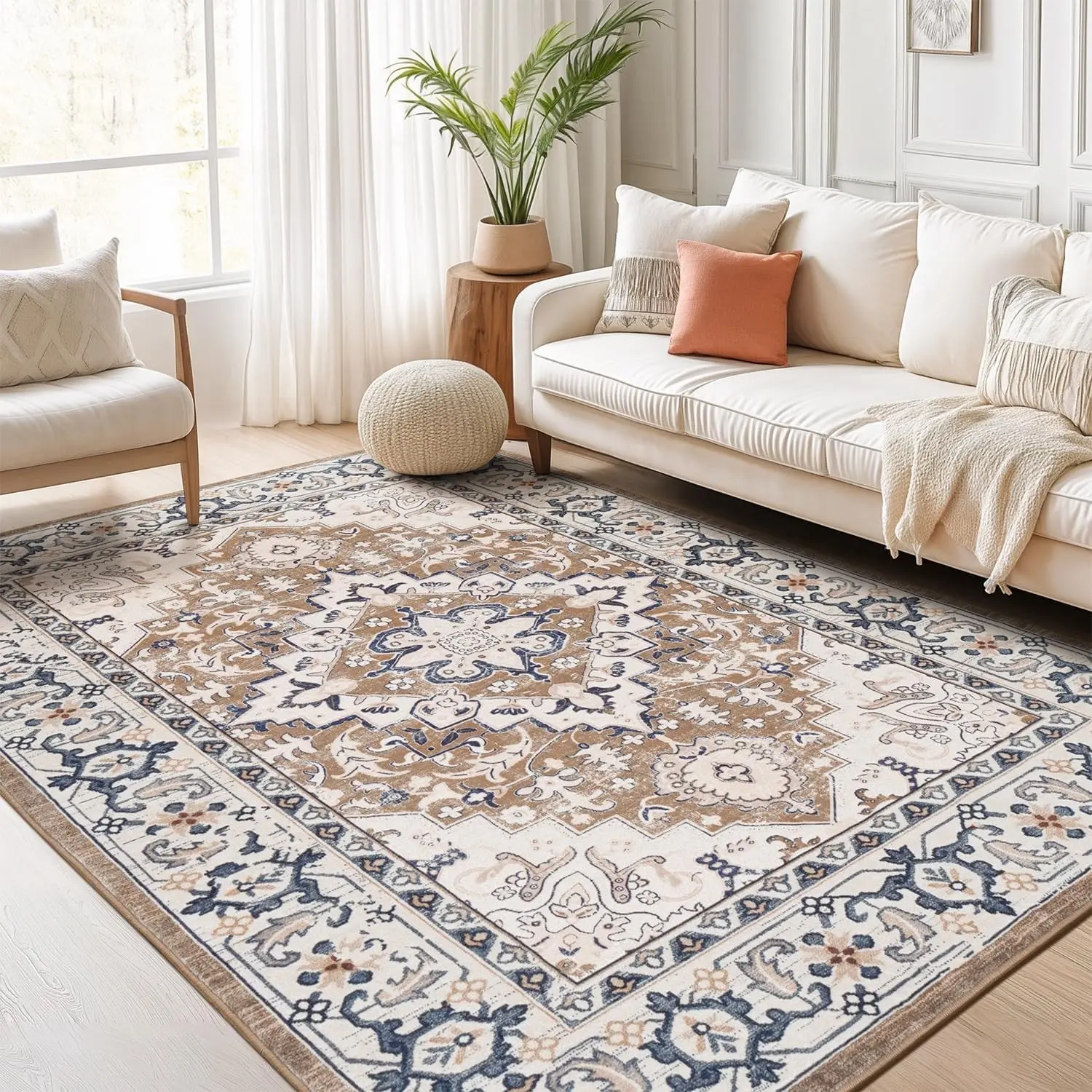 5x7 Area Rugs for Living Room Bedroom, Soft Boho Carpet Floral Brown | High-Power Vacuuming, Non-Slip, Low Pile, Stain & Water Repellent, Soft, Skin-Friendly, for Kitchen Entryway Office