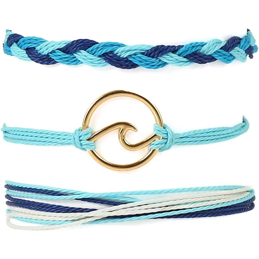 Boho Braided Wave Bracelets Set for Women, Fade-Resistant Wax-Coated Rope, Adjustable for Beach & Surfing, Fits 7-11 in, Braided Waves