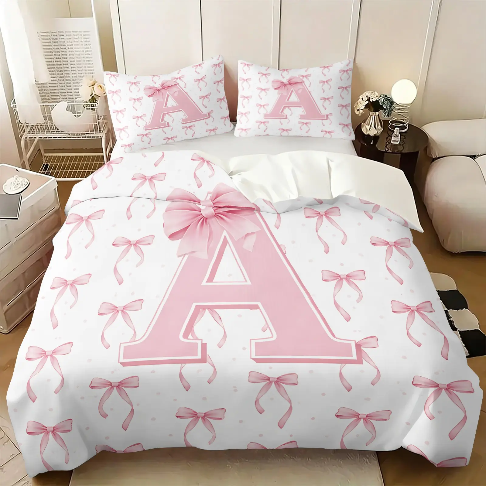 2/3Pcs Coquette Pink Bow Monogram Initial A-Z Duvet Cover Set, Cute Princess Comforter Cover, Preppy Girly Bedding Set with Pillowcases, Breathable Bed Cover, No Filler, For Girls Kids Teens Bedroom Nursery Dorm Room Decor
