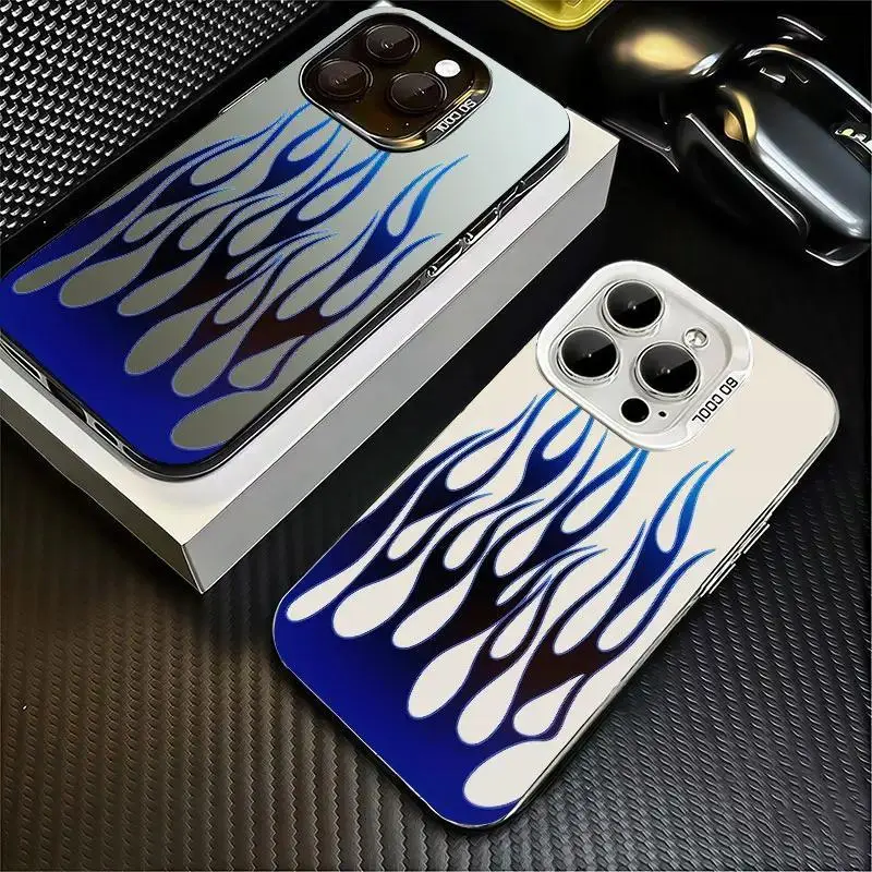 Blue Flame Print Anti-Yellowing Heat Dissip. Phone Case with Laser Texture - Cool Street Style Protective Cover for Multi-Model iPhone Series (17,16,15,14,13,12,11)