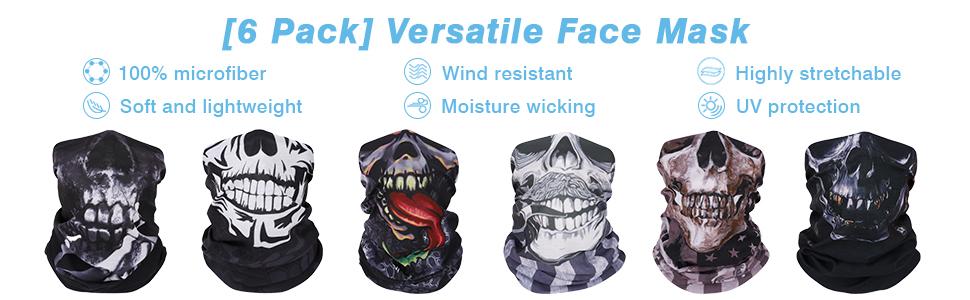 MoKo Halloween Face Mask for Cold Weather [6 Pack], Neck Gaiter Shield Scarf Elastic Balaclava Headbands Headwear, Windproof Skull Bandana for Men Women for Motorcycle Cycling Riding Skiing Party outdoor sport