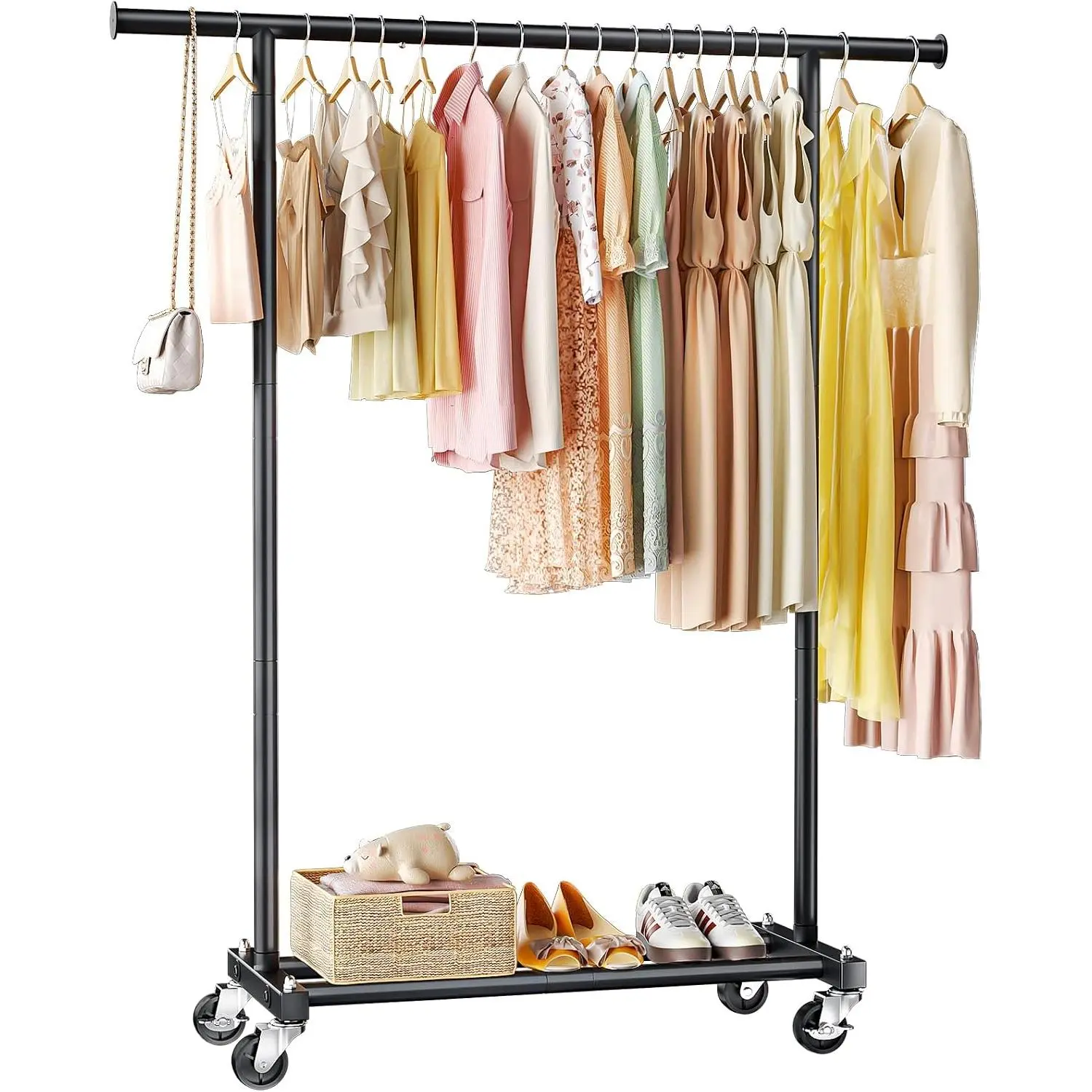 Clothing Rack for  Clothes, 45" Wide Rolling Clothes Rack, Metal Garment Hanger Rack with Wheels, Portable Coat Rack Wardrobe Rack for Bedroom Laundry, Black