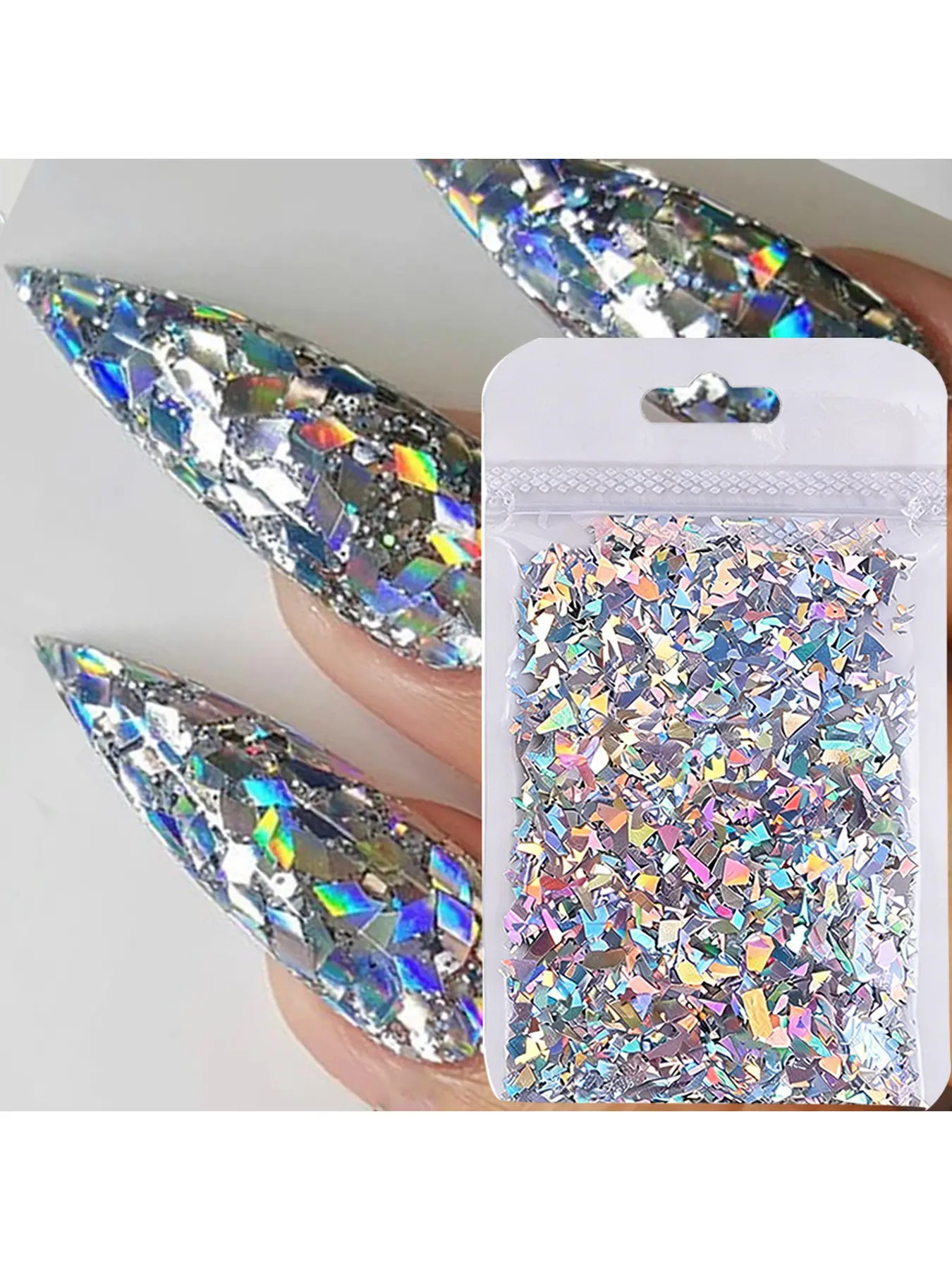 1 Pack Holographic Laser Silver Irregular Nail Glitter, Shiny Crushed Silver Nail Flakes, Irregular Silver Sparkle Decorations for Nail Art & Resin Crafts