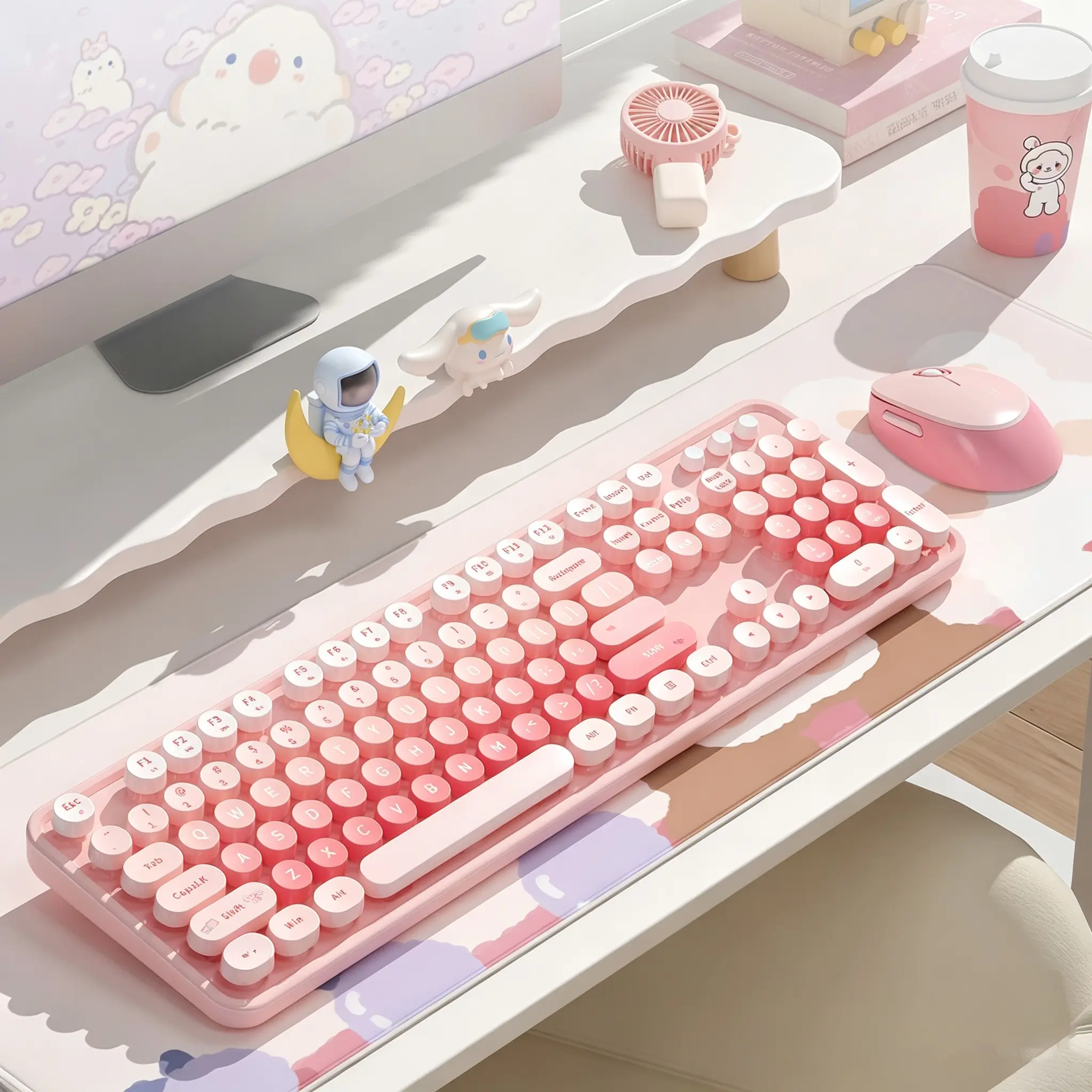 MOFii Pink Gradient Cartoon Round Keycaps Wireless Keyboard and Mouse Set, 2.4G Wireless Cute Office Combo for Girls, Compatible with Laptops & Desktops