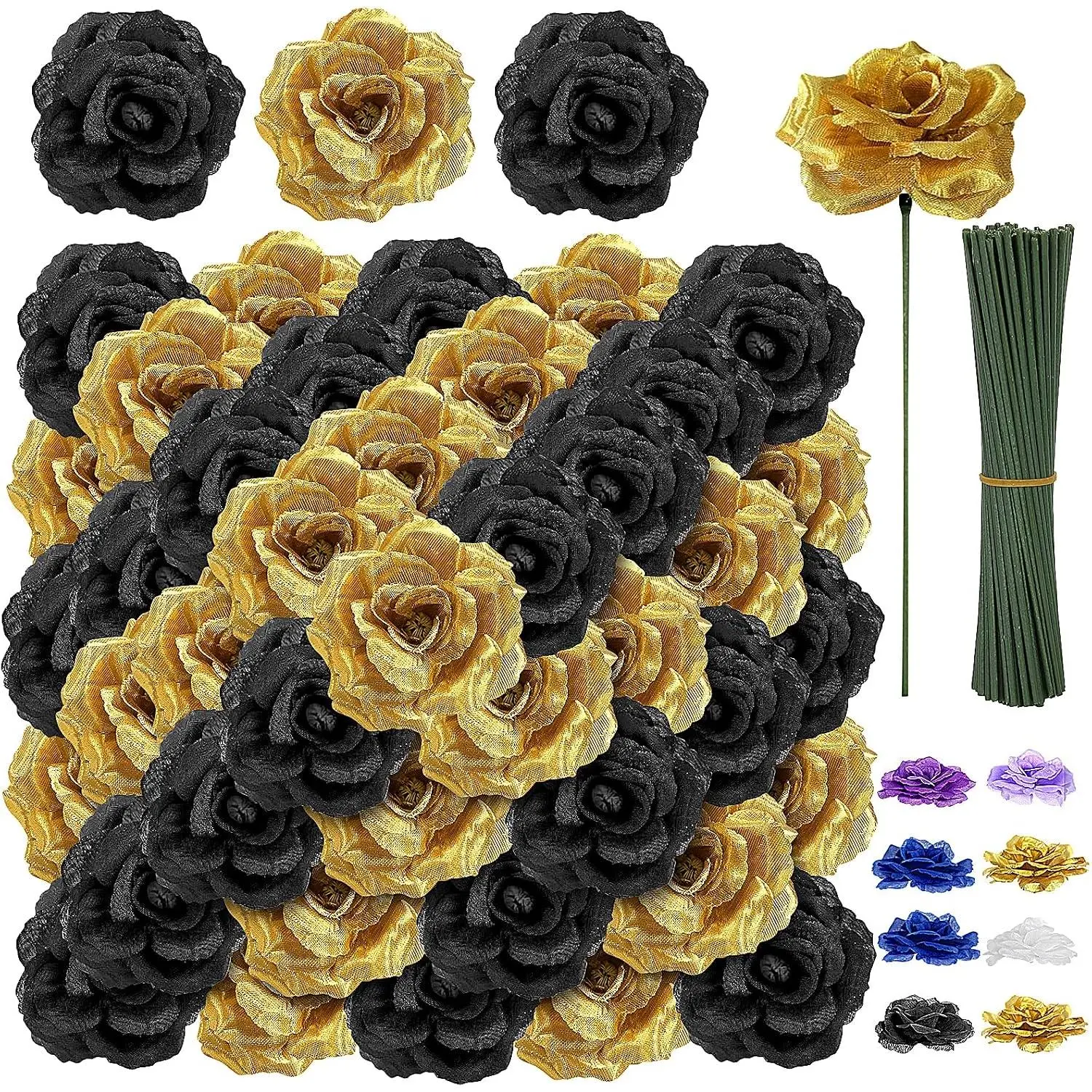 108pcs Black Gold Roses Flowers with Stem for Graduation Bridal Decor | Real Touch Roses Head, Silk Gold Black Rose Fake Flower for Wedding Bouquet Balls Arrangement Table Centerpieces Party Decor
