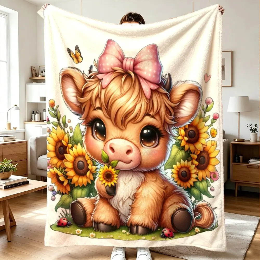 Sunflower Highland Cow Flannel Blanket, 100% Polyester, Lightweight, Comfortable, Ideal Gift for Easter, Valentine's Day, Wedding, Birthday, Lightweight Cozy Blanket