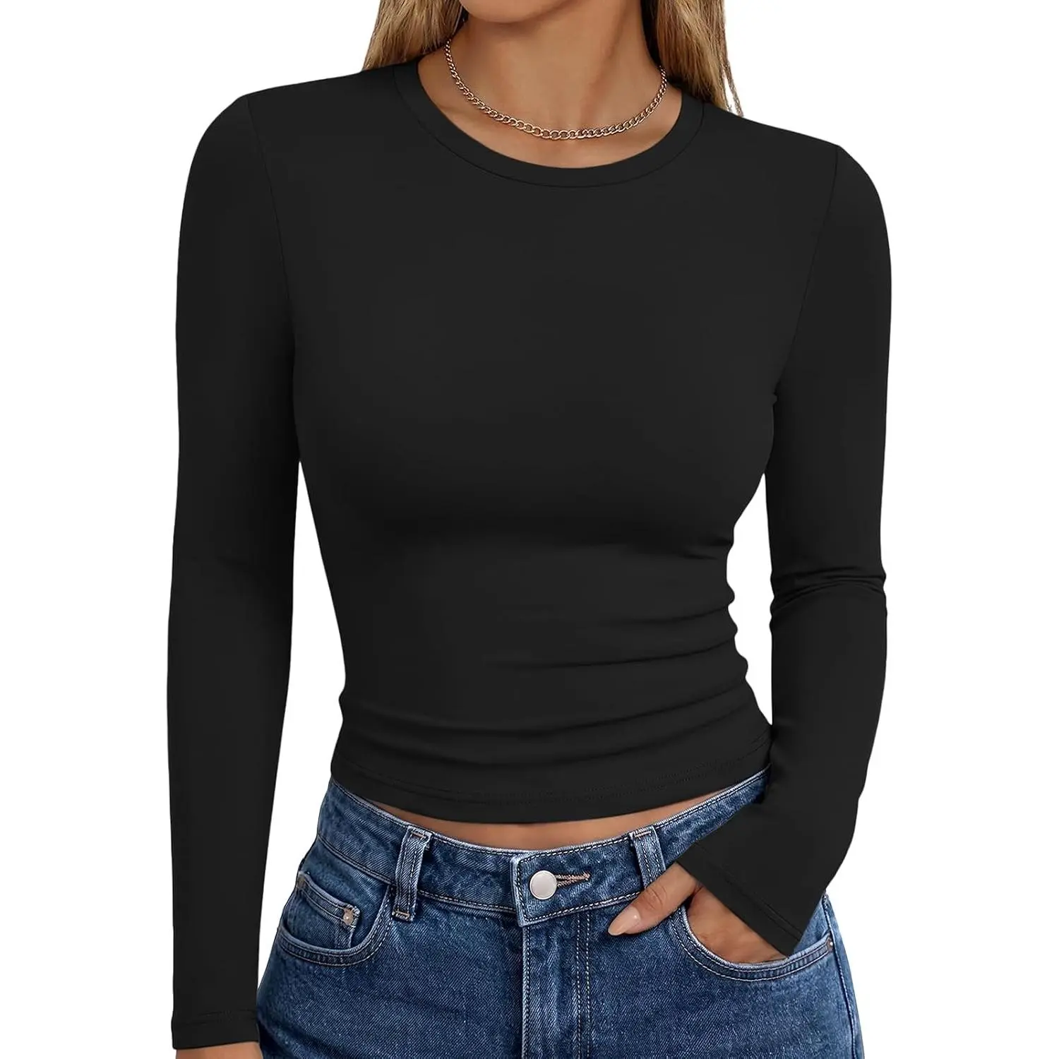 Womens Long Sleeve T Shirts Fall Fashion Basic Y2K Tops 2026  Buttery-Soft, Super Stretchy, Fitted Cute Tops, Going Out Basic Tees, Compression Underscrubs Shirts Womenswear Black