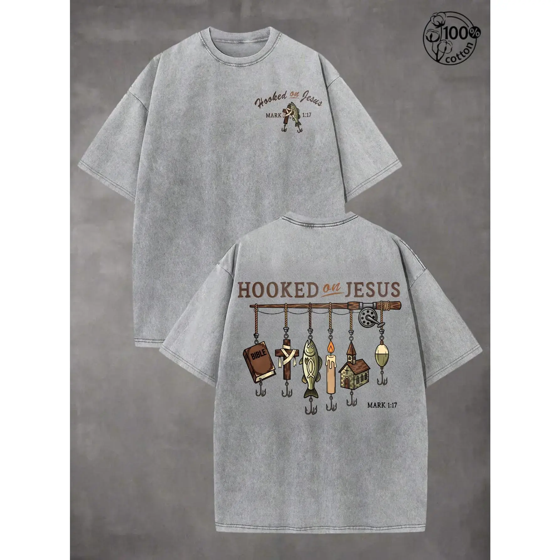 Women's Christian Hooked On Jesus Graphic Garment - Vintage/Acid Wash, Heavyweight Premium Cotton, Breathable Unisex Shortsleeve Crewneck, Front/Back Print, Fishing Bible Verse, Loose Oversized Drape Top, Ideal Gift