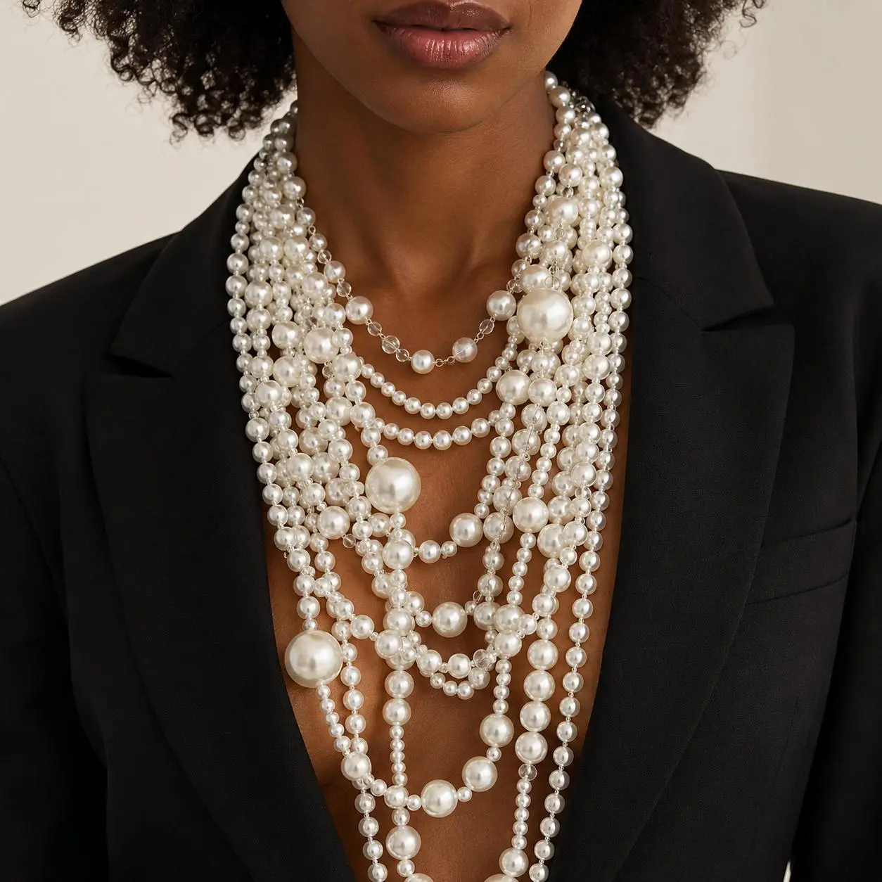 Vintage Baroque Multi-Layer Pearl Necklace, Women's Waterfall Statement Jewelry with Graduated Seed Beads & Large Oversized Pearls, Adjustable for Party, Clasps And Extenders, Flowy Waterfall Design, Large Oversized Statement Pearls