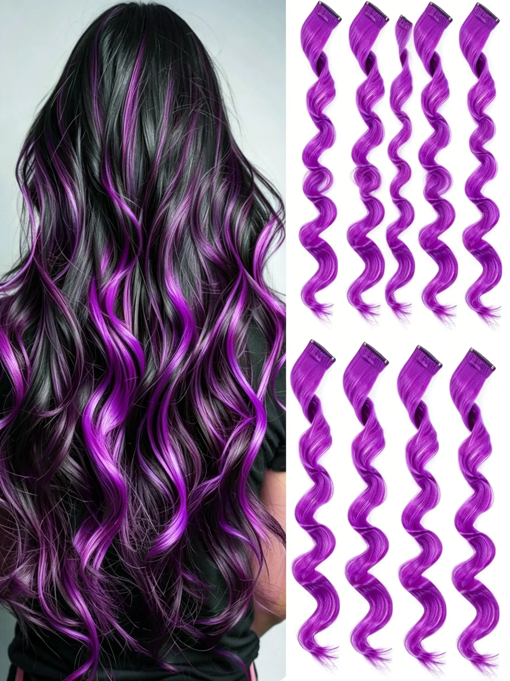 Hair Extensions Curly Wavy Synthetic Hair Extensions 12 Pcs Clip in Colored Highlight 22 Inch Color Decoration for Women and Girls