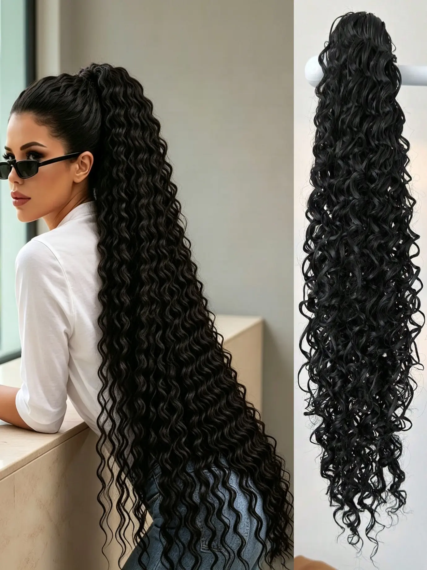 Roll Up Ponytail Extension, Clip in 24/30 Inch Curly Wavy Ponytail, Fluffy Soft Synthetic Fiber Hair Pieces for Women, Fall & Winter