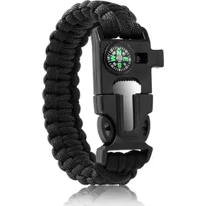 Bracelets,Survival Bracelets for Men Paracord Tactical 5-in-1 Camping Gear Kits,with 12-ft Detachable Parachute Rope,Fire Starter,Embedded Compass,Whistle&Emergency Multitools