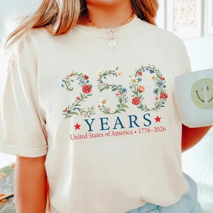 Women's Preppy Cute Plus Size Cotton Round Neck Short Sleeve T-Shirt - Patriotic Theme Flag Stars-Stripes Floral Print Streetwear Top for USA 250th Anniversary 1776-2026 Freedom Celebration Fourth of July Holiday