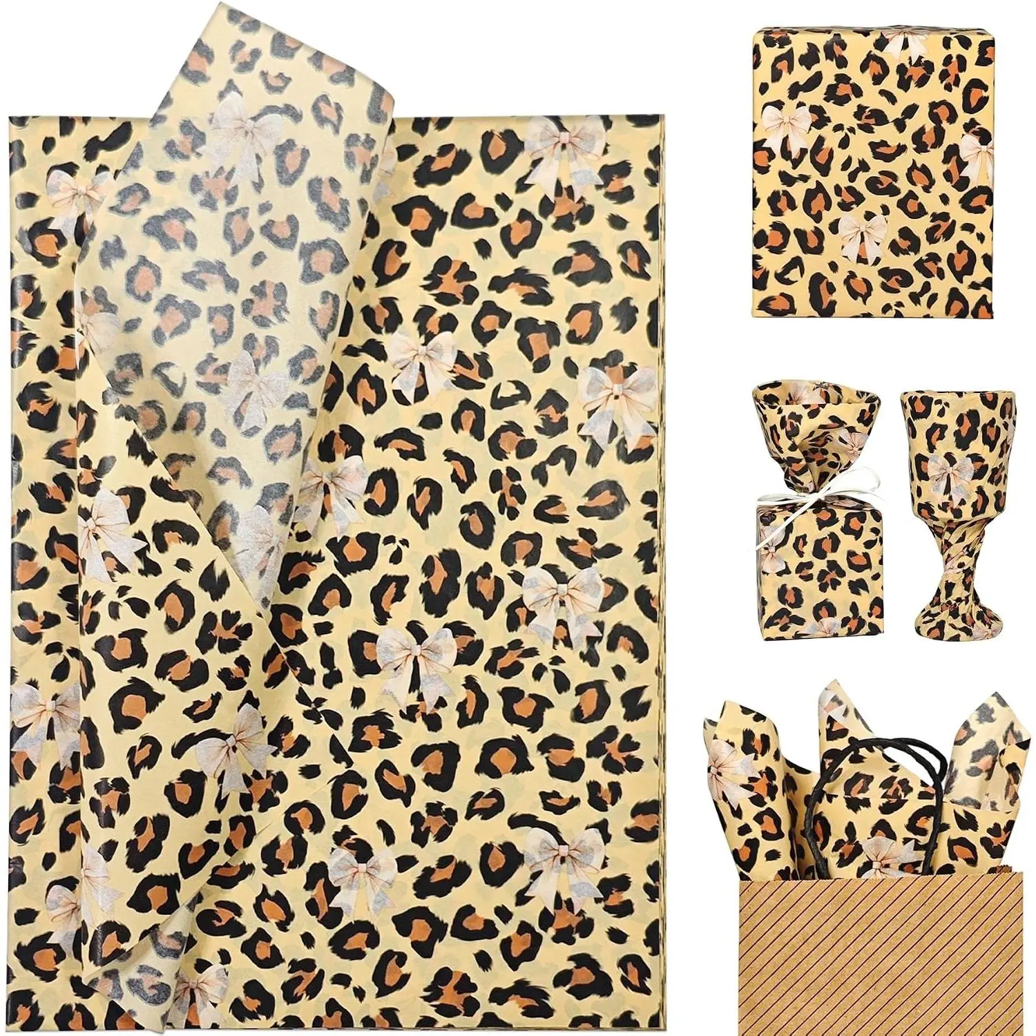 Leopard Print & Bow Tissue Paper for  Bags 60 Sheets 20x14 in |   Wrapping for Boxes & Baskets, Ideal for Birthdays, Wedding, Holidays,  Showers, DIY Crafts, Party Supplies