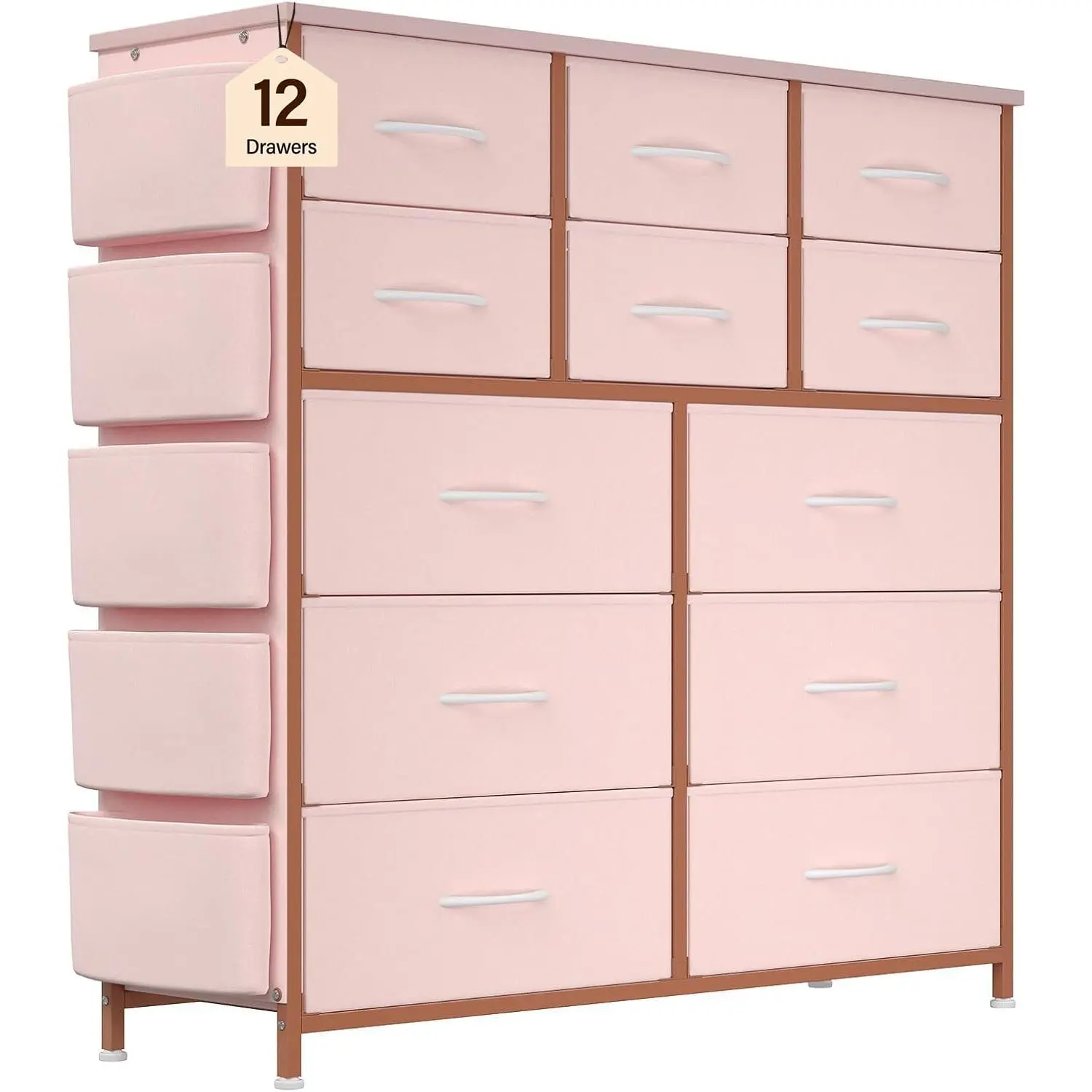 GARVEEVertical Fabric Dresser with 12 Drawers, 5 Side Pockets, 2 Hooks, Metal Frame Storage Organizer for Bedroom and Home Use