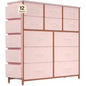 GARVEEVertical Fabric Dresser with 12 Drawers, 5 Side Pockets, 2 Hooks, Metal Frame Storage Organizer for Bedroom and Home Use