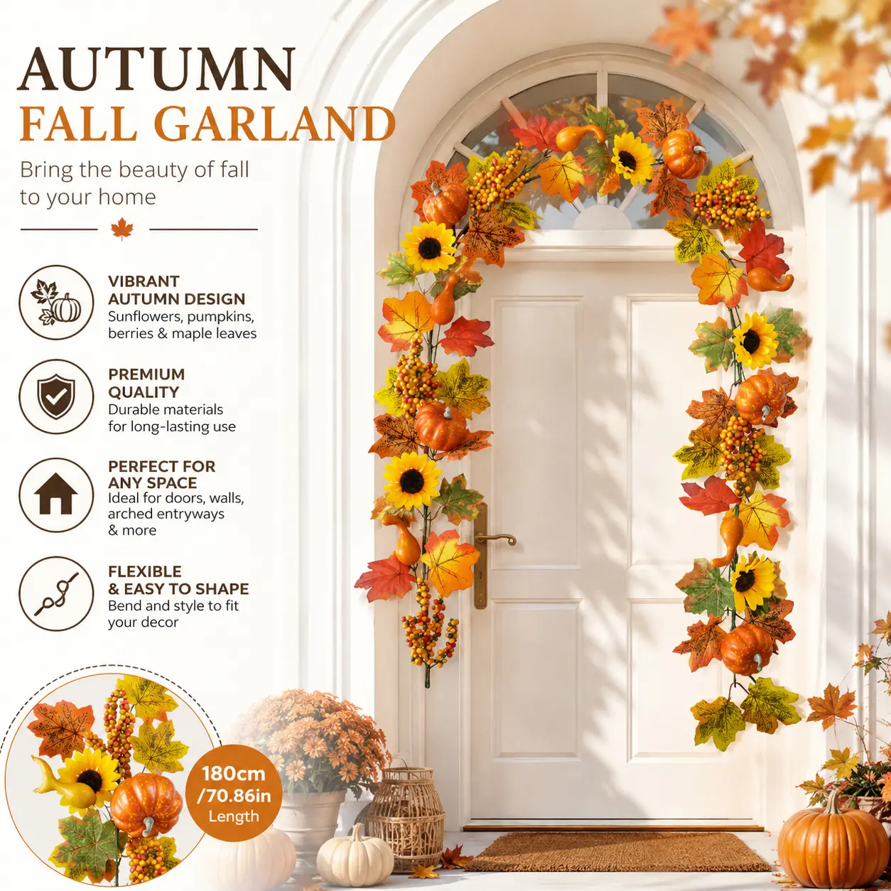 Artificial autumn garland featuring pumpkins, sunflowers, bunny-ear leaves, chrysanthemums, and berries—perfect for Thanksgiving and Halloween decor.