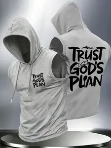 Men Sleeveless Drawstring Hooded Tank Top Trust God's Plan Letter Crown Print Front & Back Double Sided Graphic Vest Casual Gym Workout Faith Streetwear Lightweight Hoodie Tank For Daily Urban Outfits