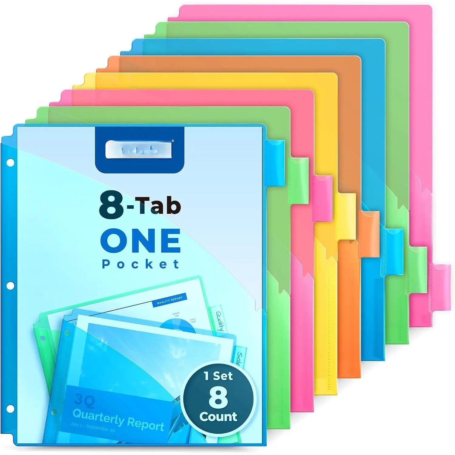 8-Tab Binder Dividers with Slash Pocket, Plastic 1 Pocket Dividers with Index Tabs for 3 Ring Binder, Multicolor, Poly Subject Notebook Divider, Binder Pocket Includes Label Inserts