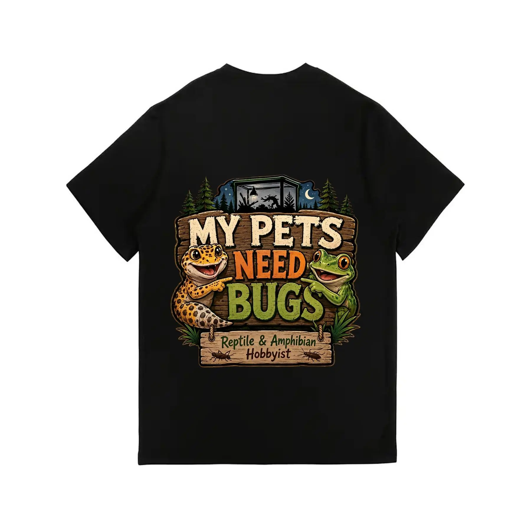 Plus Size My Pets Need Bugs Leopard Gecko Frog Reptile Hobbyist Back Print Graphic T-Shirt, Oversized Amphibian Reptile Keeper Casual Short Sleeve Tee