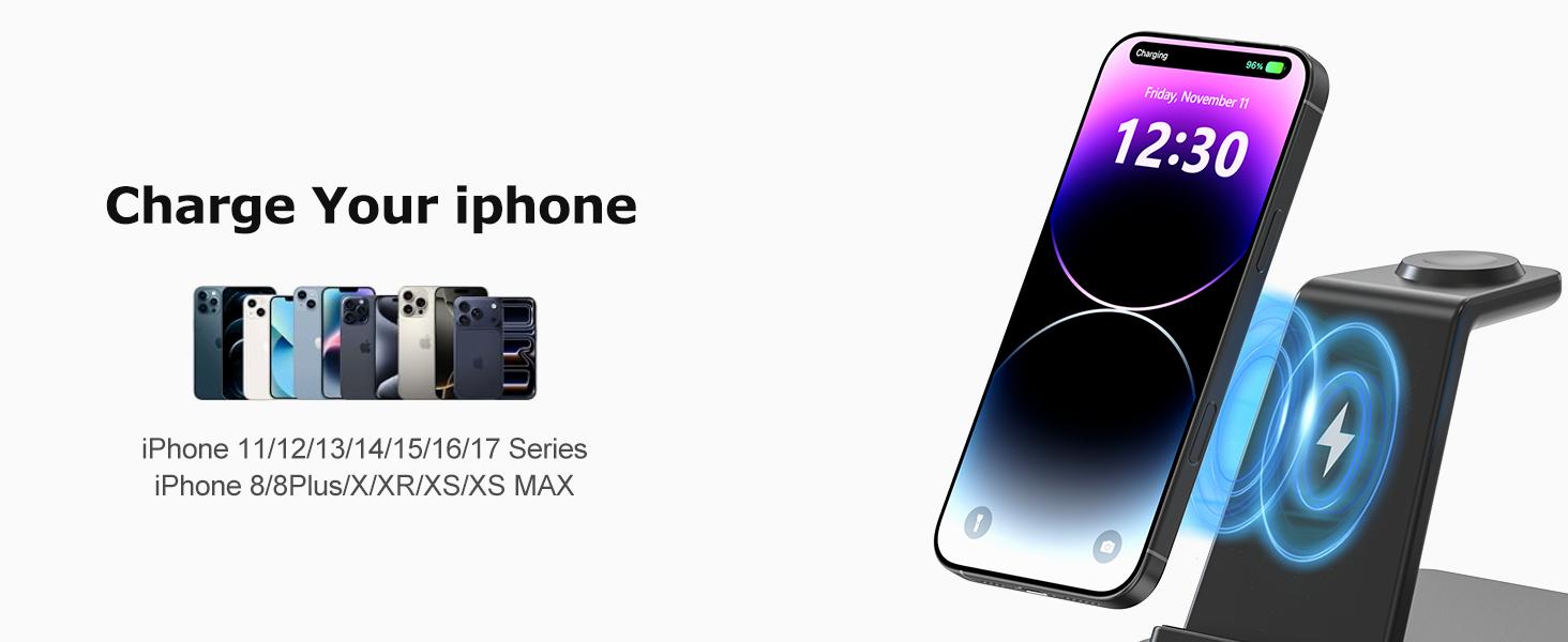 Wireless Charging Station Alarm Clock with 8 Touch Night Lights: 5 in 1 Charger Stand for Apple Devices - Charging Dock for iPhone 17 16 15 14 13 12 Pro Max Plus/Apple Watch/AirPods, Dimmable