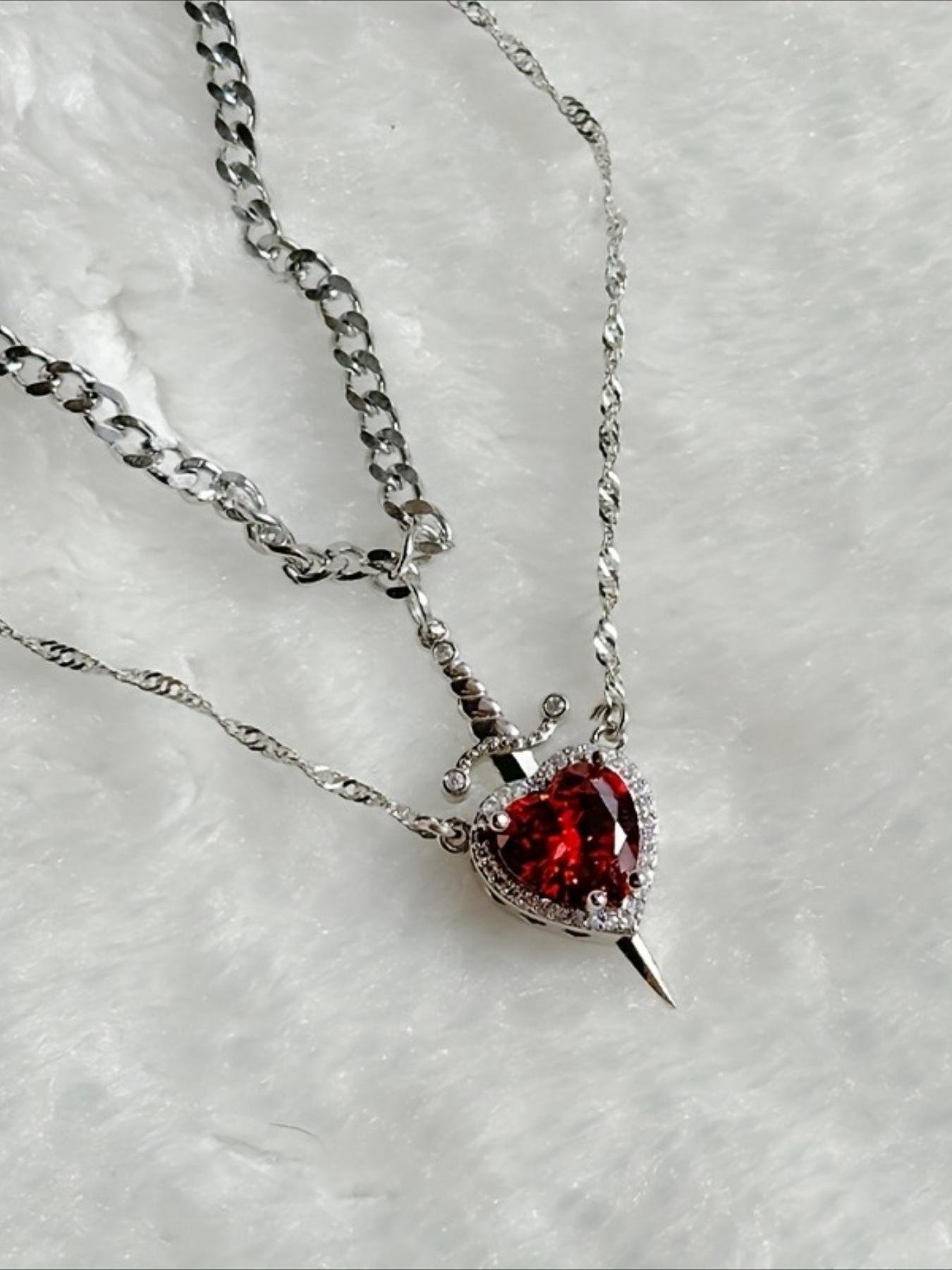 2pcs Heart and Sword Necklace Set, Love Heart Necklace, Unique Couple's Jewelry, Silver Color &, Perfect for Weddings & Parties, Includes Rose Box