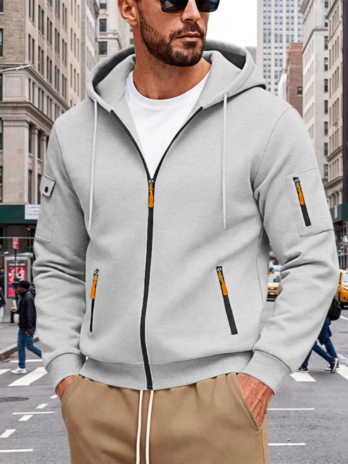 Men's Loose Hooded Zipper Side Pocket Workwear Sweatshirt, Fall Winter Youth Versatile Sporty Casual Outerwear, Multi-Pocket Design