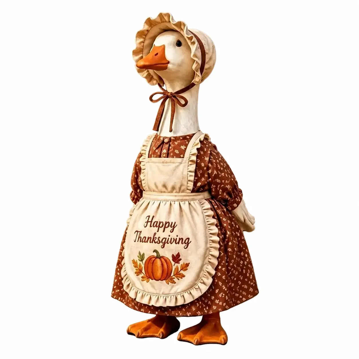 Two-Piece Thanksgiving-Themed Porch Decoration Set Featuring Pumpkin Print Floral Design, Ruffled Hat, and Coordinating Dress for 23-Inch Lawn Goose Statues—Durable Plastic and Cement-Friendly Outdoor Accessory