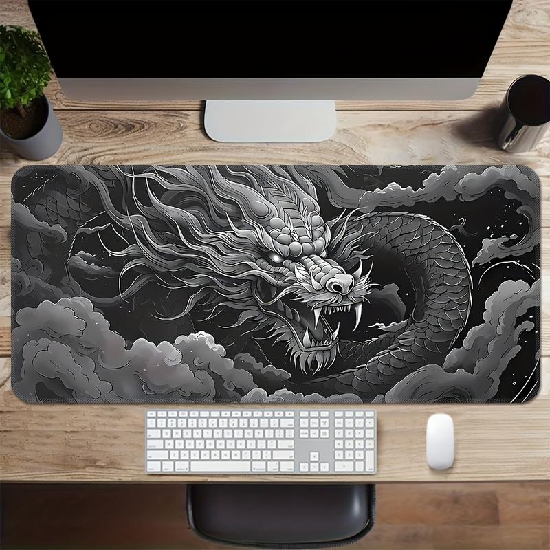 Extra-Large Dragon Gaming Mouse Pad - Monochrome Design with White & Black Artwork, Washable & Durable Rubber Base, Precision Stitched Edges - Ideal
