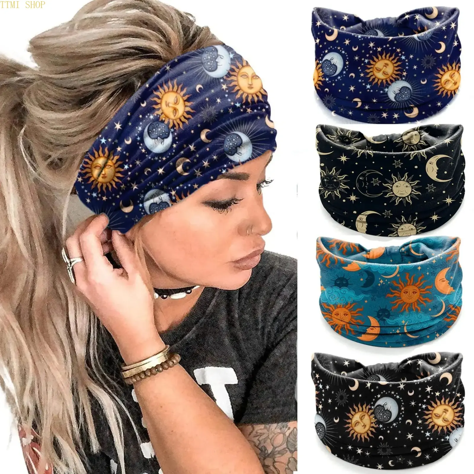 4 Pack Boho Sun Moon Celestial Print Wide Headbands for Women, Elastic Non Slip Turban Bandana, Sweat Hair Wraps for Yoga Workout Daily Styling