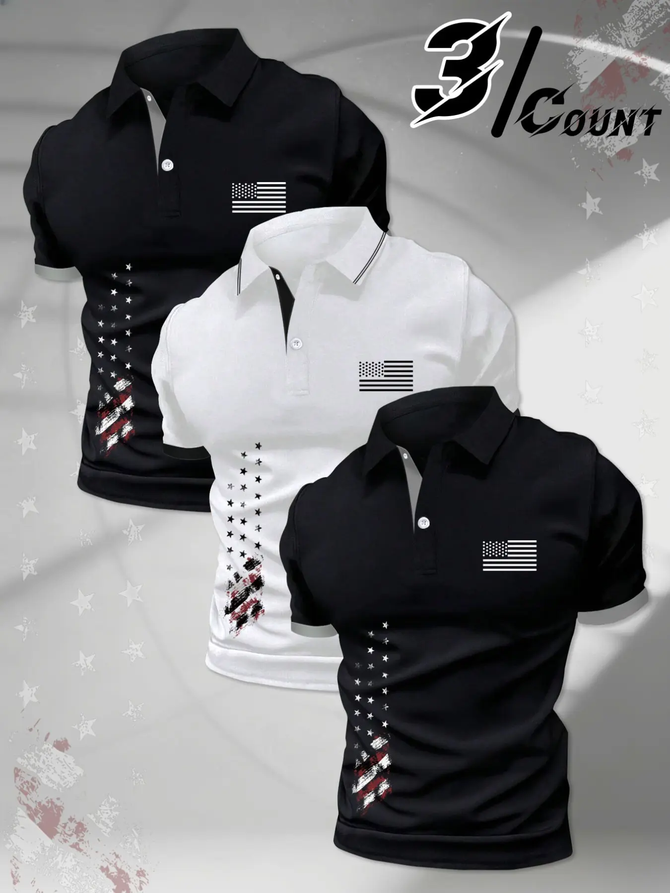 3 Pack Men Patriotic Polo Shirts Chest US Flag & Vertical Distressed Star-Stripe Side Prints Button Placket Breathable Wrinkle-resistant Fabric Short Sleeve Polos For Independence Day Golf Work Daily Casual Outfits