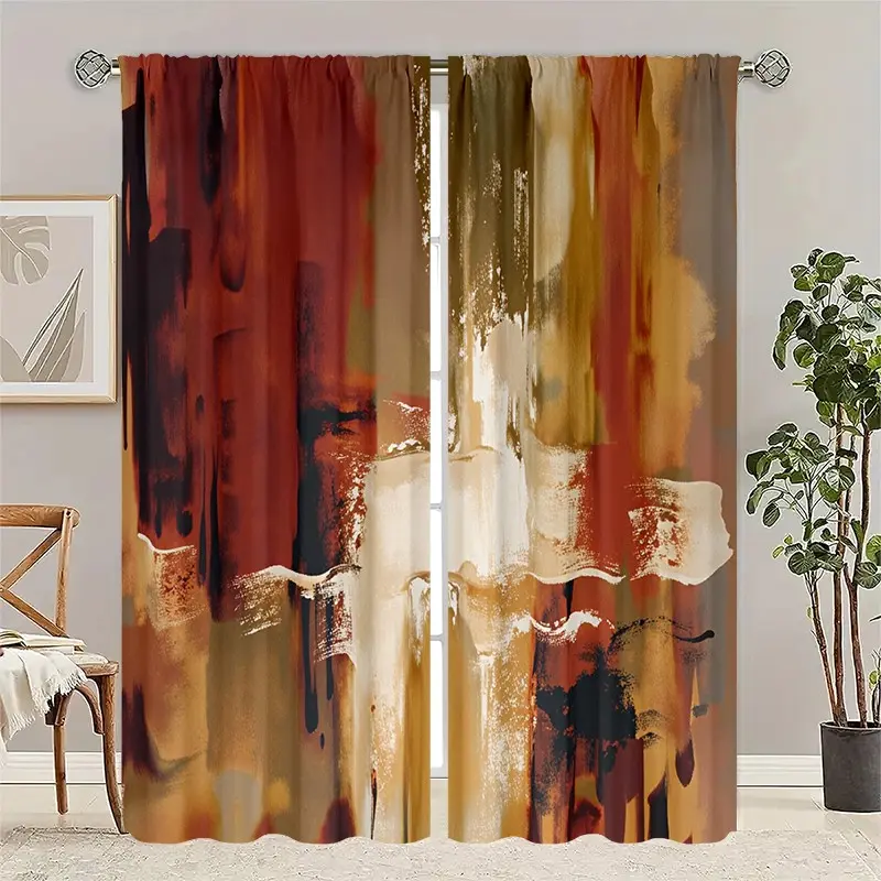 Modern Abstract Rust Color Curtains, Semi-Transparent, Fade-Resistant Polyester, Rod Pocket Design, Home Decor