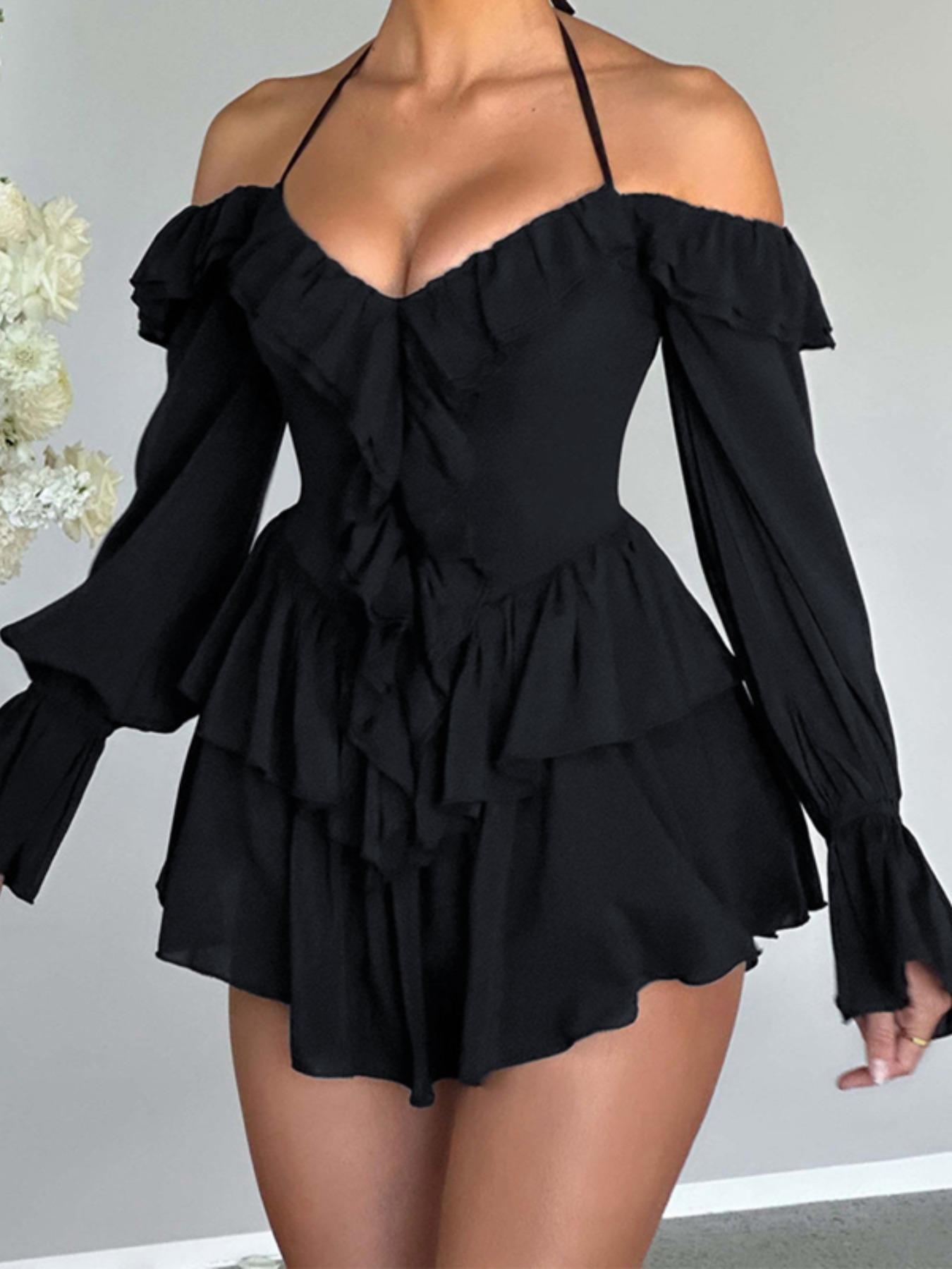 Women's Vintage Fitted Off-Shoulder Long-Sleeve Ruffle Halter Neck Overalls - Casual Summer Clothes