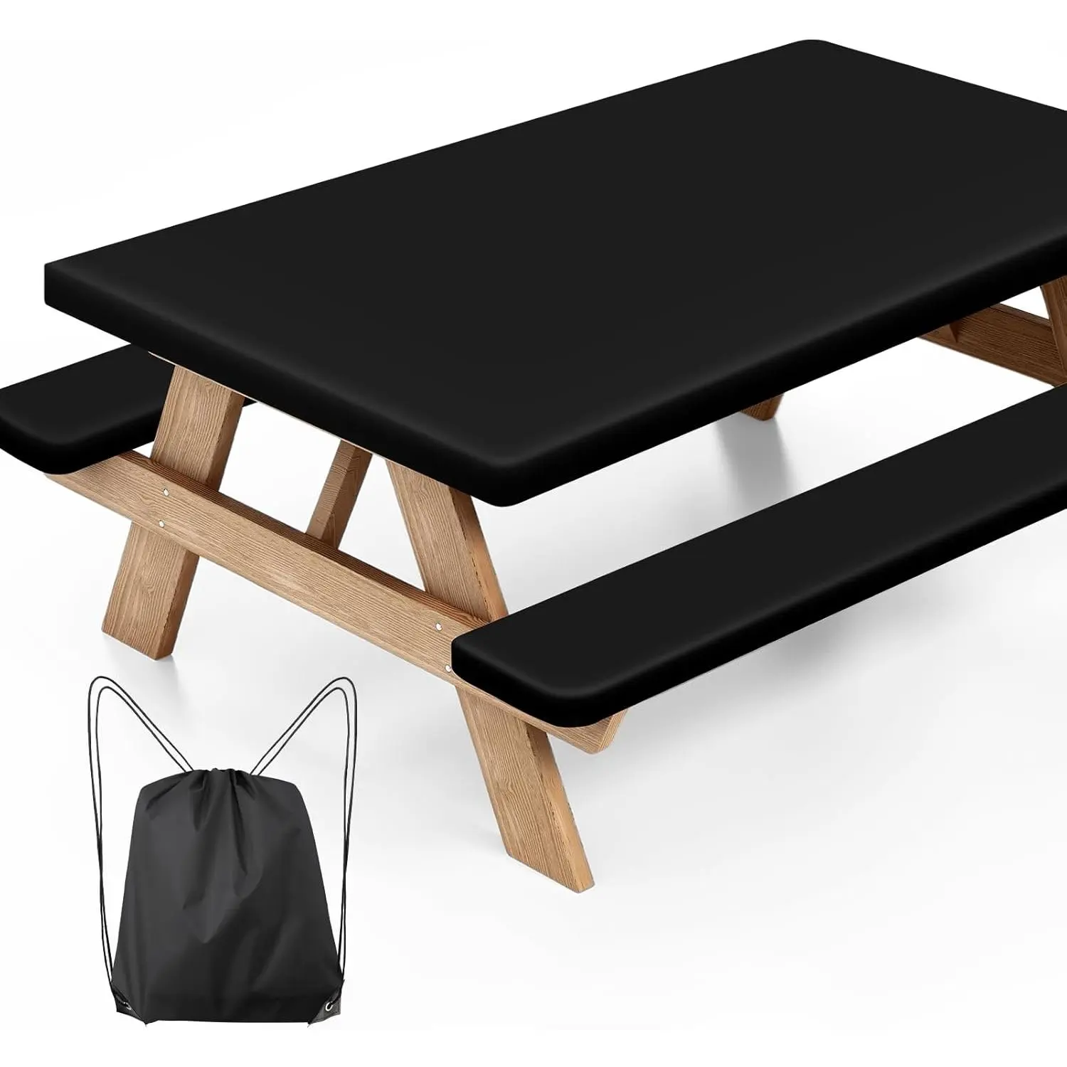 Picnic Table Cover with Bench Covers,  Tablecloth Set, Black | Fitted 6ft Tables, for Outdoor Camping, RV, Includes 1 Table Cover(30"x72"), 2 Bench Covers(72"x12"), Drawstring Storage Bag