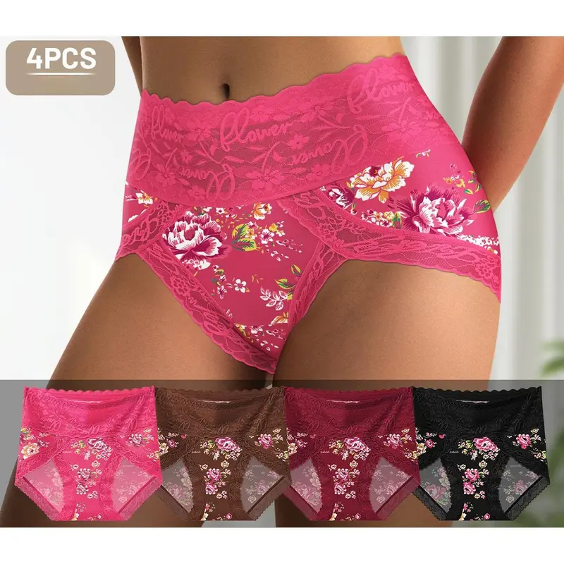 QUASTI 4PCS Mid-Waist Printed Contrast Lace Panties, Cute Graffiti Pattern Casual Breathable Women Briefs, Basic Soft Panties, Perfect For Daily wear, S-5XL