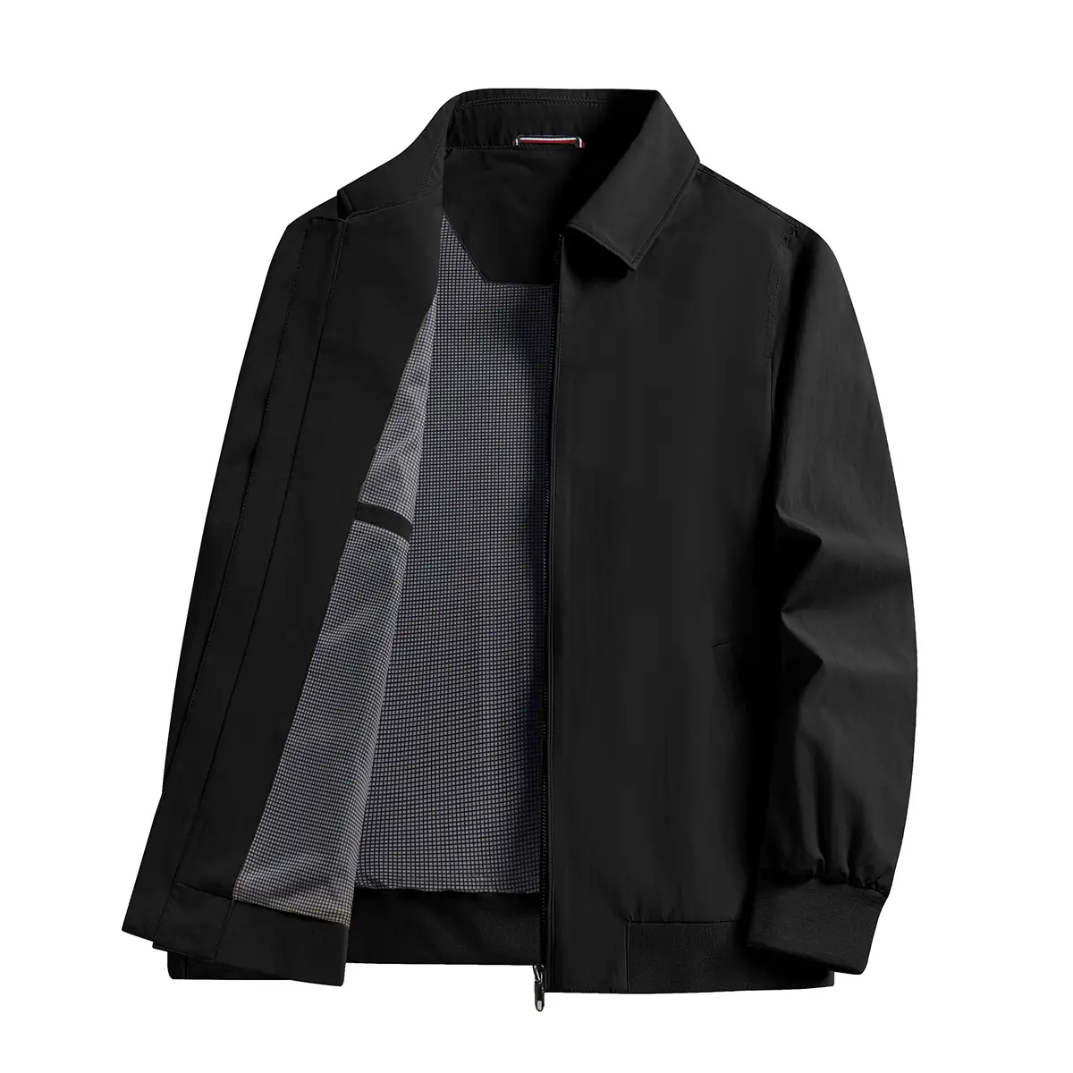 Men's Solid Plain Harrington Jacket - Polyester Clothes, Fitted Cut, Zip-Up Collared Lapel, Medium Length, Grid-Lined, Ribbed Cuffs & Hem, Lightweight Windproof Long-Sleeve Outerwear, Machine Wash, for Spring Autumn Daily Commute, Outer Coat