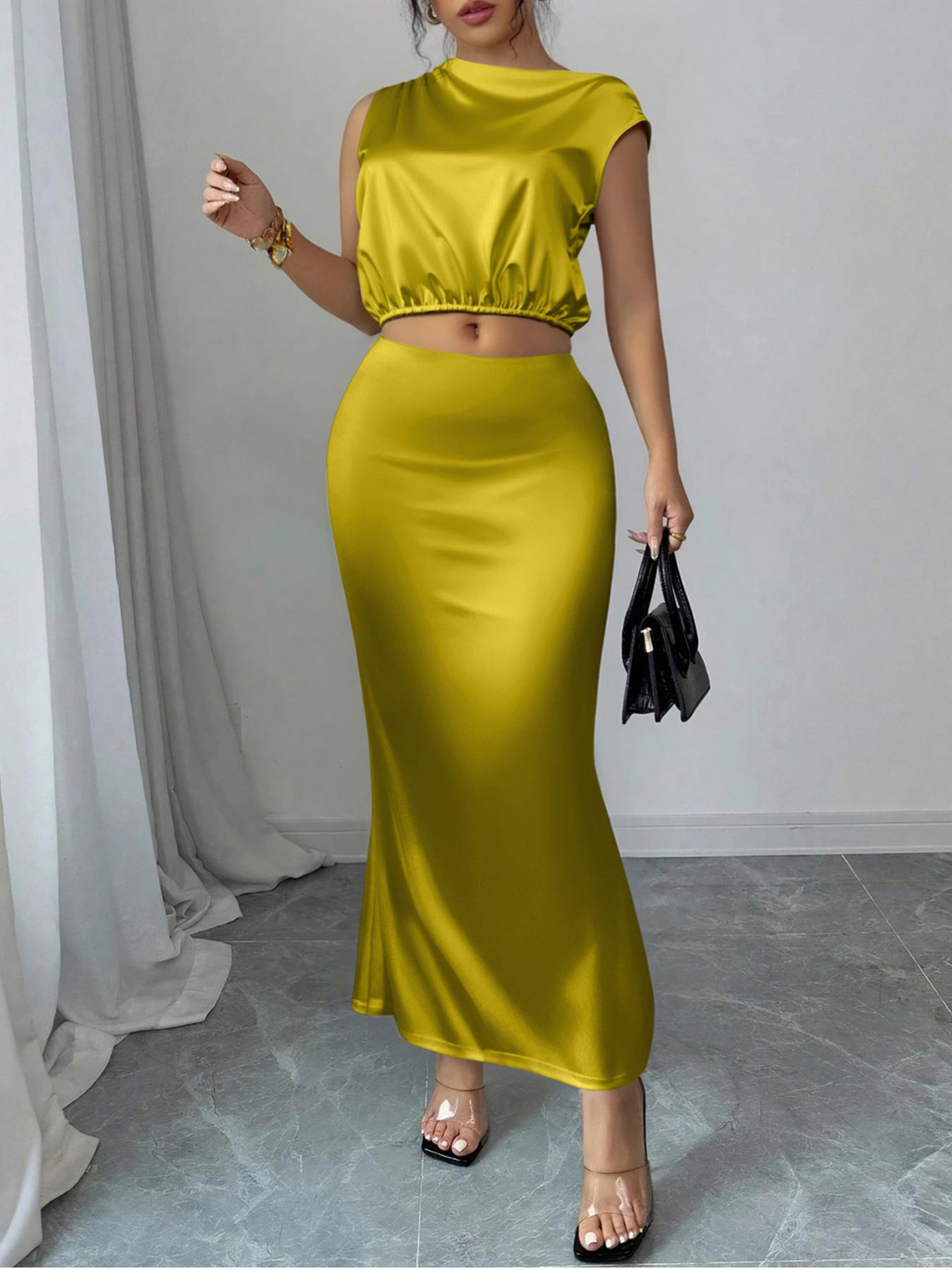 Women's Solid Asymmetrical Neck Top & Mermaid Skirt Satin Two-piece Set, Chic Elegant Fashion Casual Top & Skirt for Daily Outdoor Wear, Women's Clothing for All Seasons, Womenswear