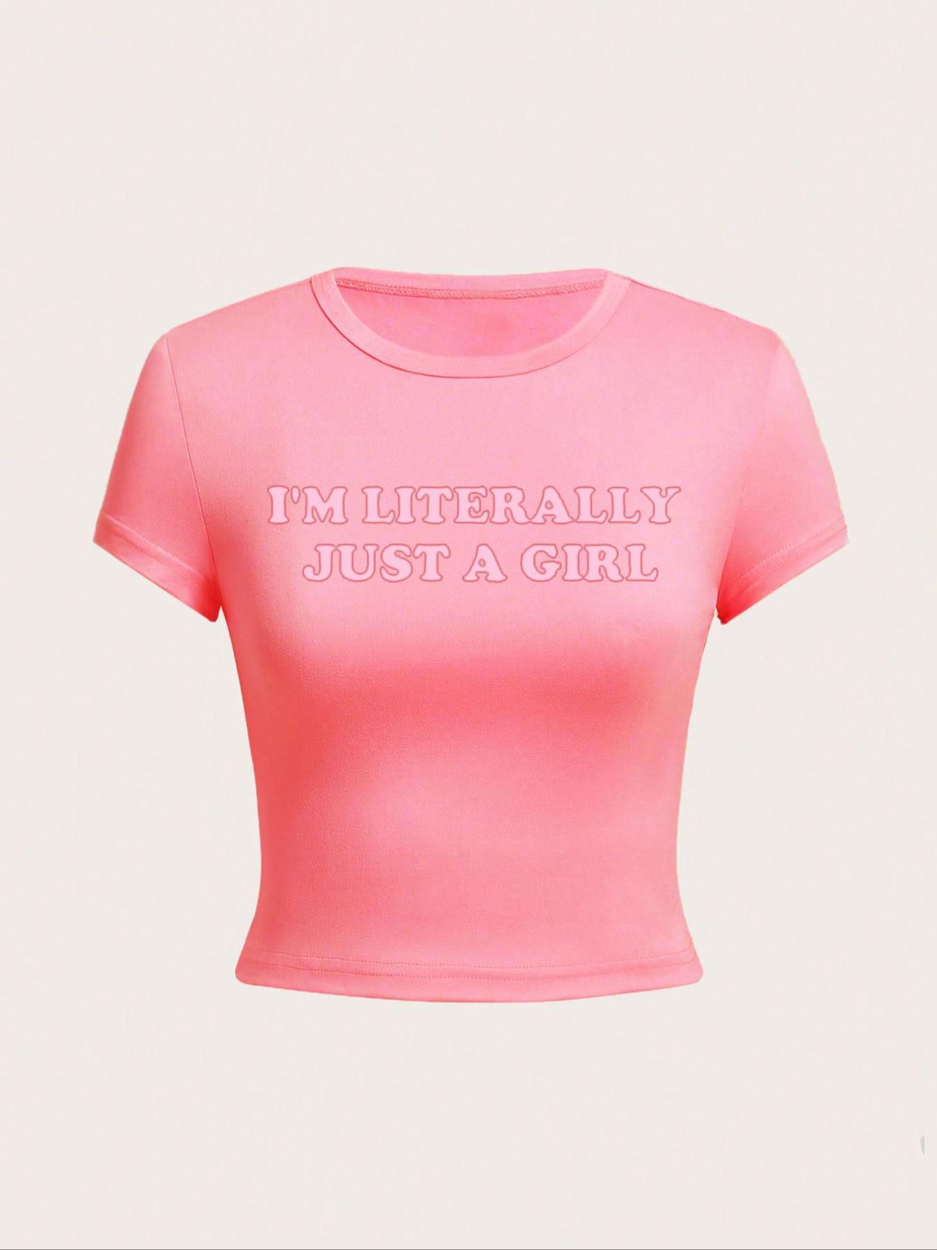 Women's "I'm Literally Just A Girl" Slogan Print Round Neck Crop Tee, Fashion Casual Crew Neck Short Sleeve T-shirt for Daily Outdoor Wear, Ladies Clothes for All Seasons, Graphic Print Top