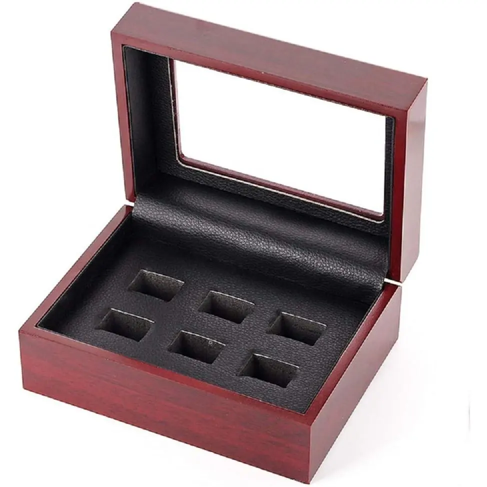 Modern Championship Ring Storage Wooden Box with 6 Holes and Plastic Lid