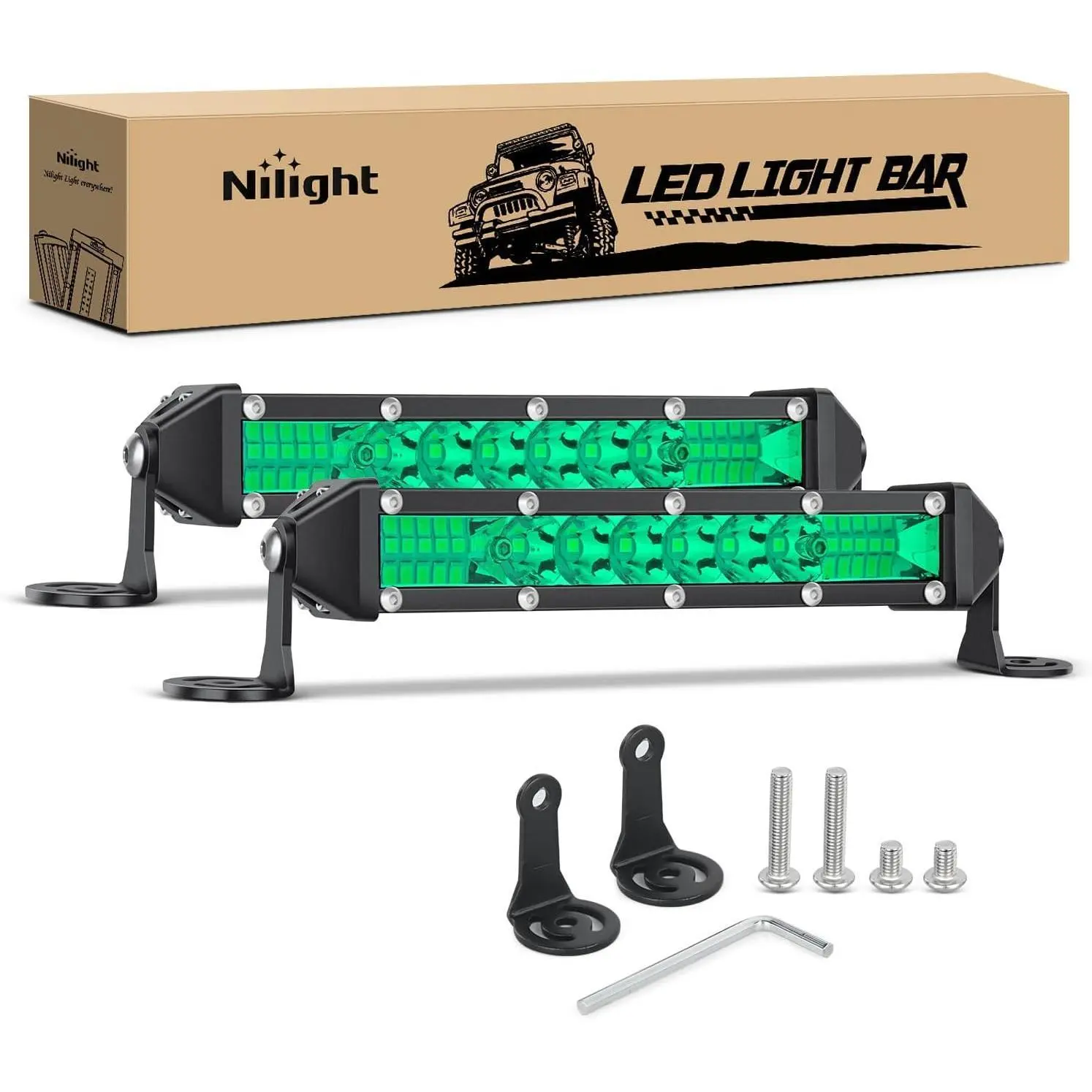 Nilight Slim Aluminum LED Light Bar - 2Pcs 7 inch Bright Green Off-Road Fixture, 16 LED Chips 48W Single Row Spot/Flood Combo, 12V-24V Long Lifespan Fog Lights with Bracket Mount for ATV, Fishing Use, Roof Rack, Car Bumper