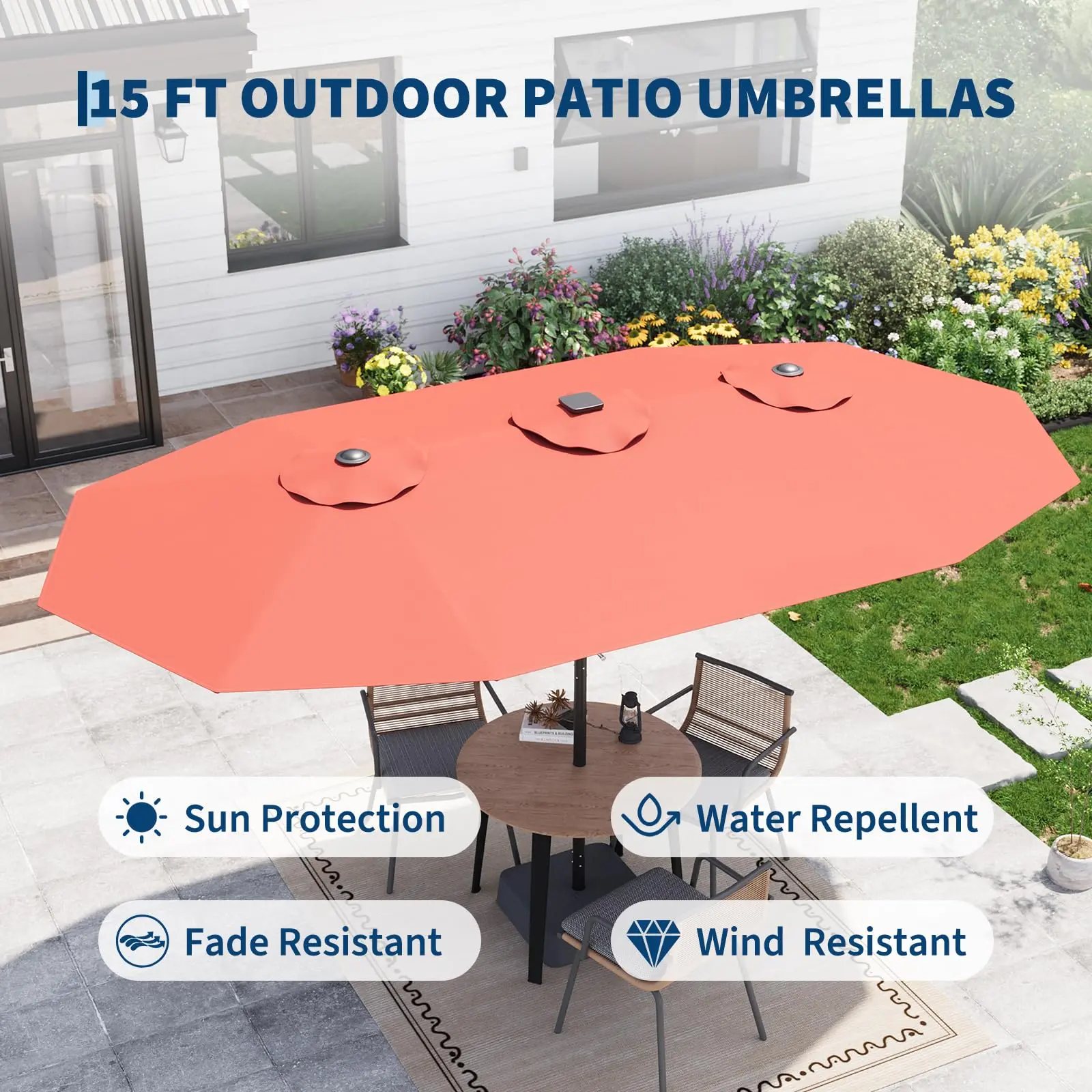 【GARVEE】15FT Rectangular Outdoor Patio Umbrella with Solar LED Lights & Base – UV-Resistant, Waterproof Canopy – 10 Durable Ribs, Easy Crank System – Ideal for Garden, Deck, Poolside, Backyard