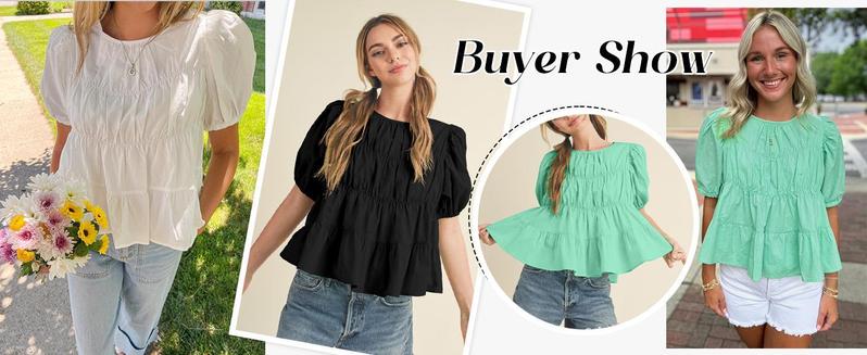PASLTER Womens Puff Sleeve Peplum Babydoll Tops Summer Smoked Pleated Cotton T-Shirts Casual Loose Fit Flowy Blouse