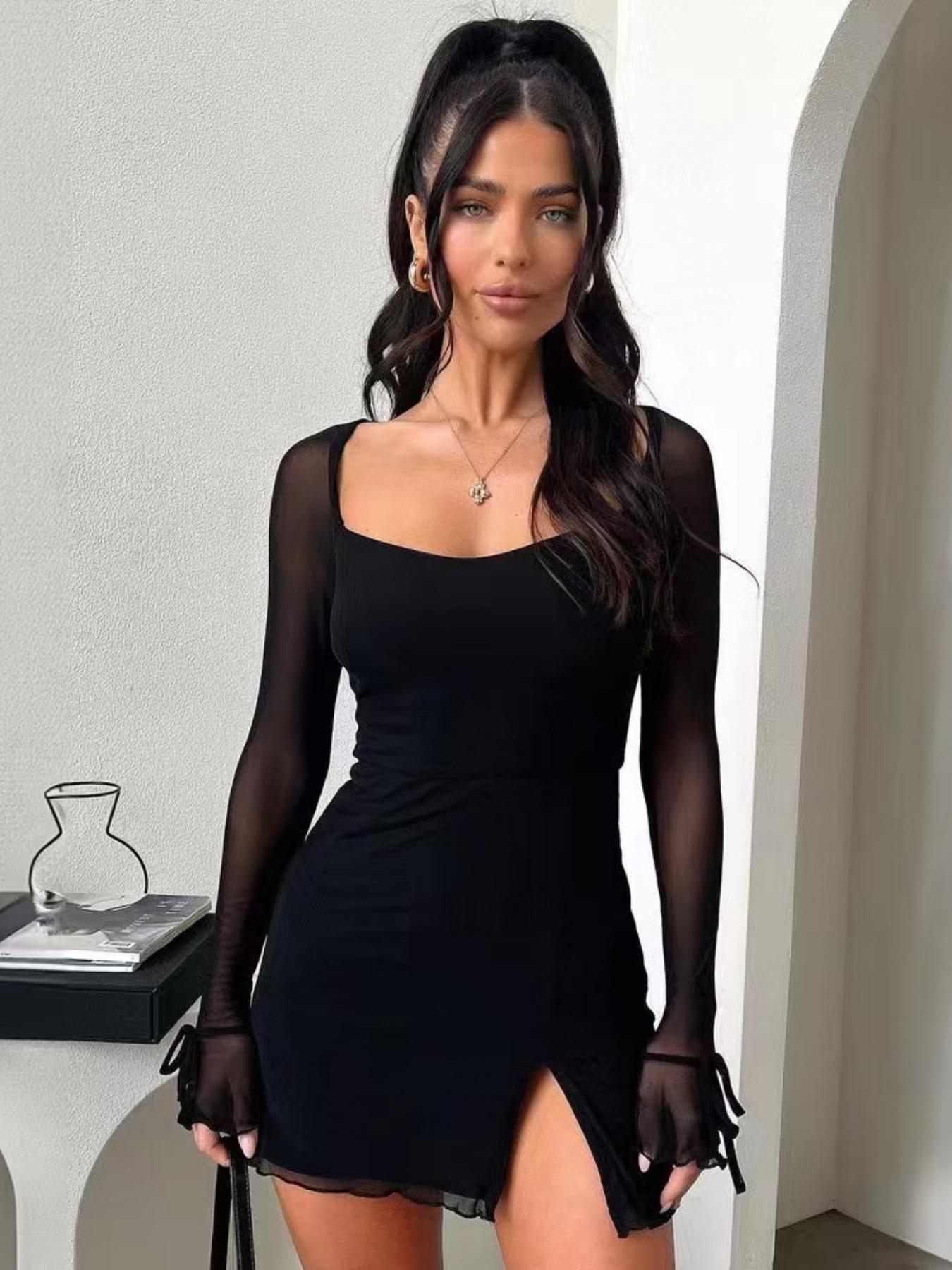 Women's Plain Sheer Bodycon Dress, Elegant Long Sleeve Short Dress for Parties, Club and Dates, Women's Dress