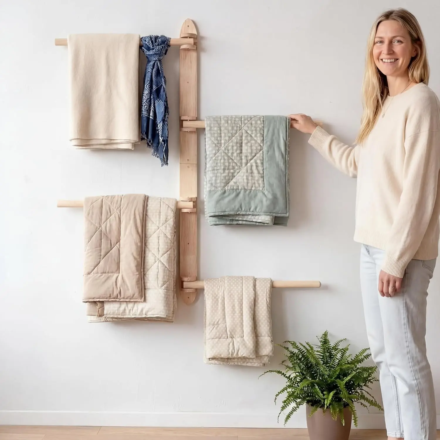 Sintuff Wooden Wall Quilt Vertical Rack - 4 Rotating Arms, Breathable Design, Easy Installation for Small Spaces, Apartments, Organiser