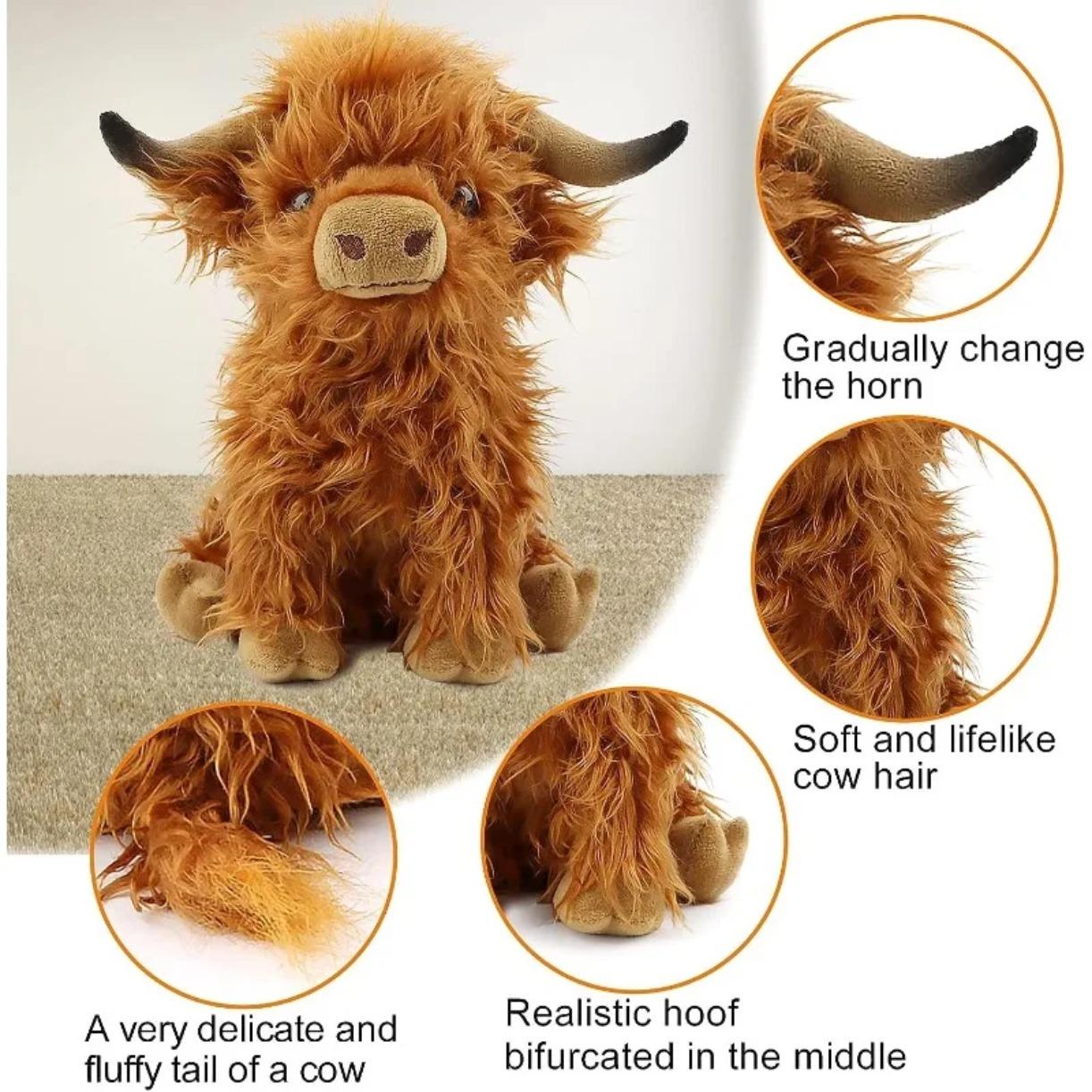 Kyloe Highland Cow Plush Toy, 25cm, Realistic Soft and Cute Farm Toy Plush Pillow, Stress Relief Toy, Anxiety Relief, Sensory Play, Children's and Adults' Room Decoration Gift, Birthday Gift, Halloween Gift