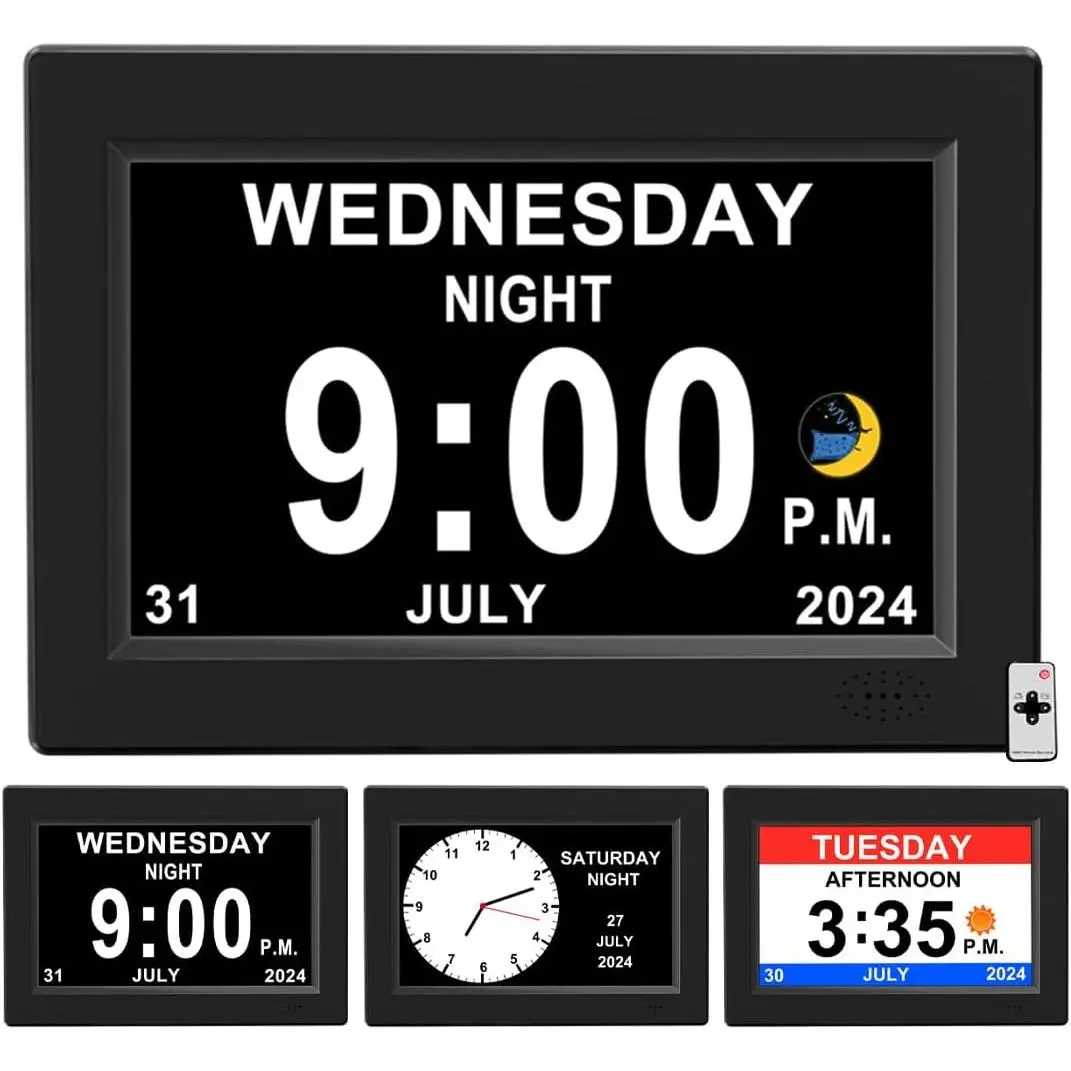 8inch  Impaired Vision Digital  Clock with Day and Time for  Calendar Clock No  Plug-in Power Outage Memory DST Auto Dimmable Clock