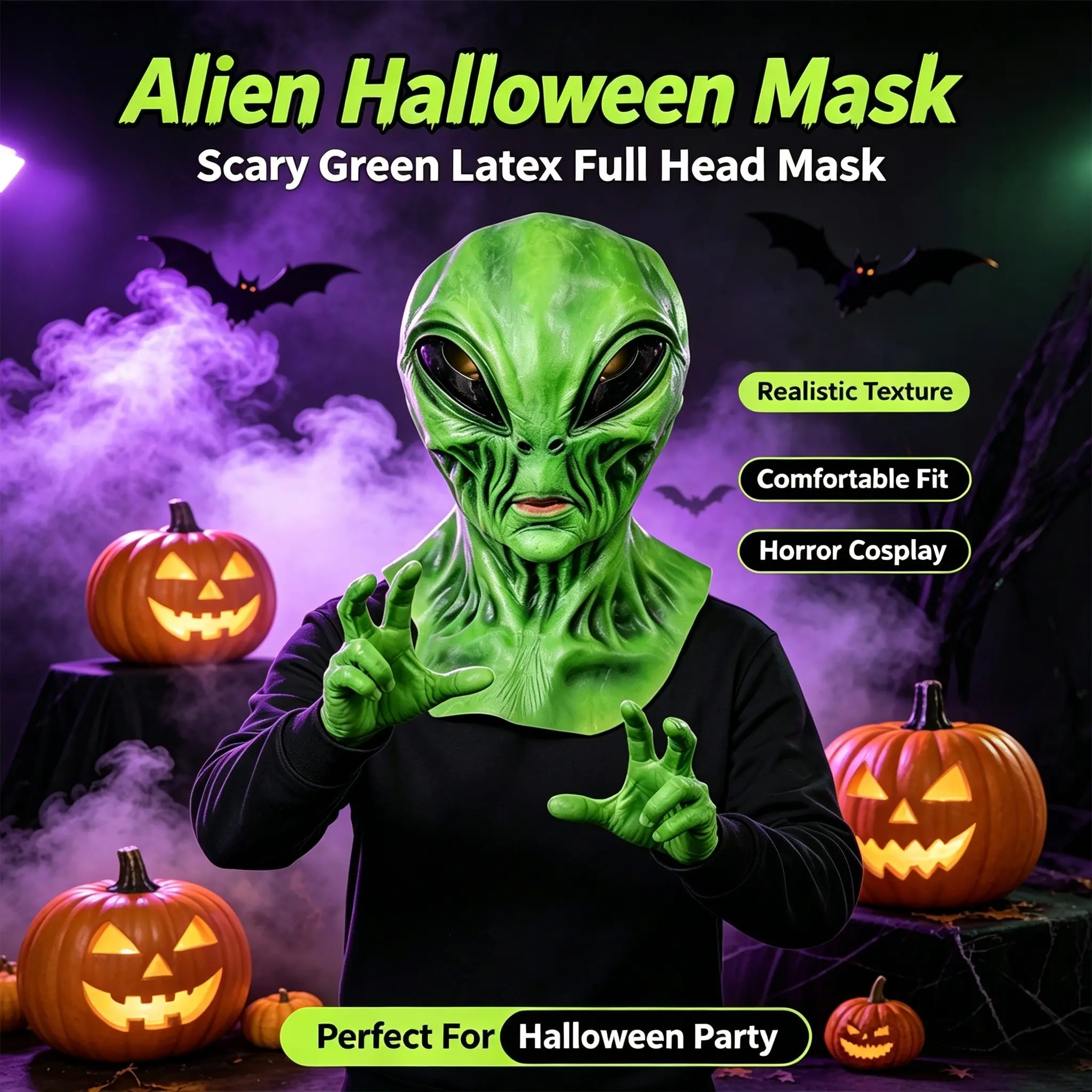 Full Head Alien Latex Mask, Realistic Alien Role Play Mask, Breathable Halloween Party Costume Prop, Fun Prank Gift, Studio Props for Adults